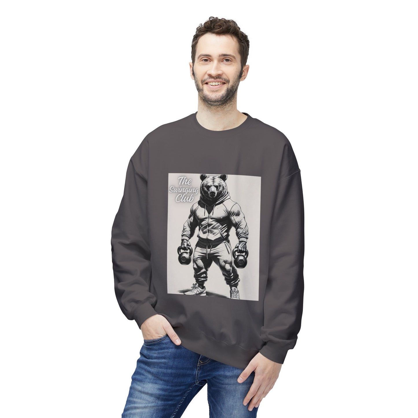 Fleece Crewneck Sweatshirt with Bear Gym Design, Cozy Unisex Apparel, Perfect for Workouts, Gift for Fitness Lovers, Casual Wear