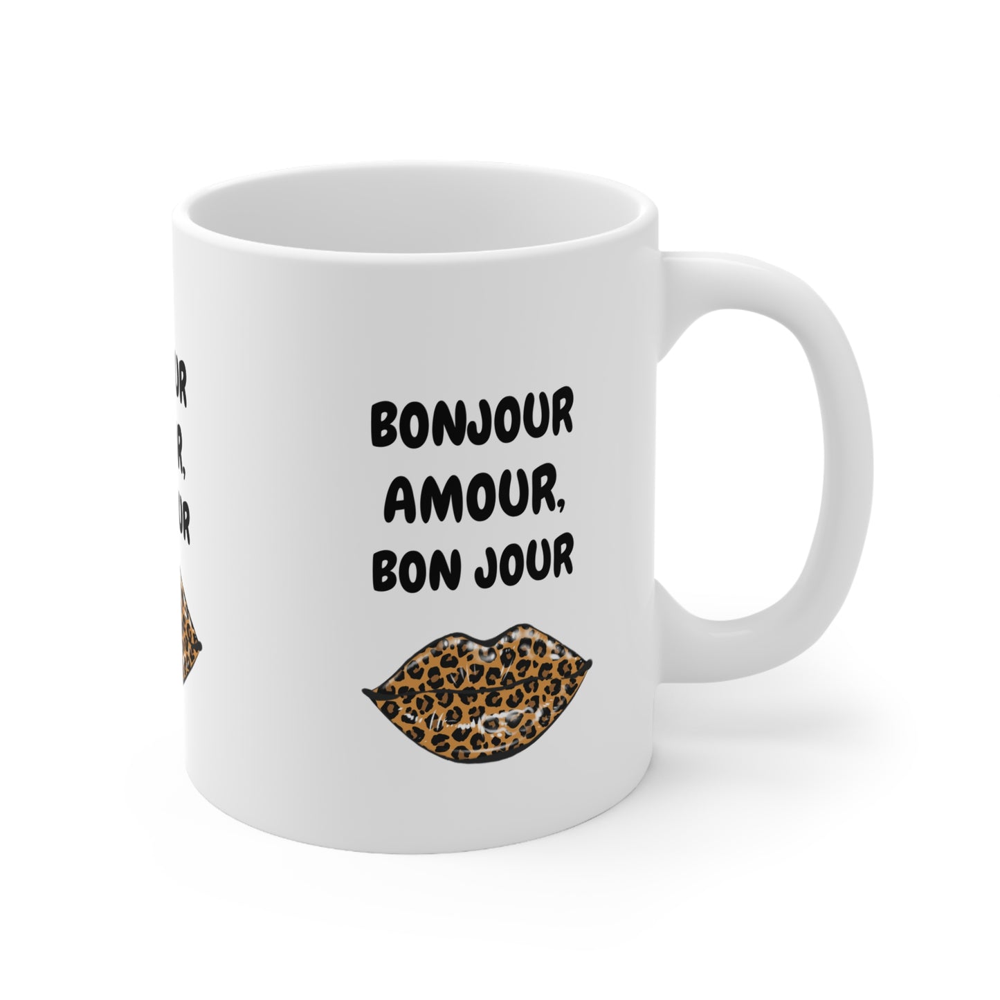 Chic Leopard Print Coffee Mug, Trendy Gift for Her, Bonjour Amour Cup, Stylish Kitchenware, Love & Friendship Gift, Unique Home Decor