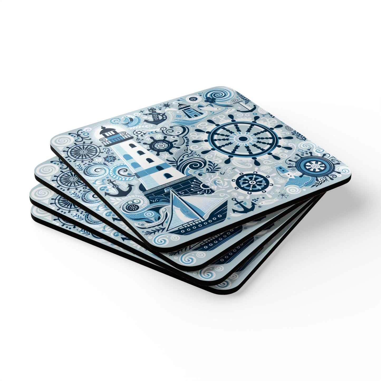 Nautical Cork Coaster Set - Lighthouse & Anchor Design