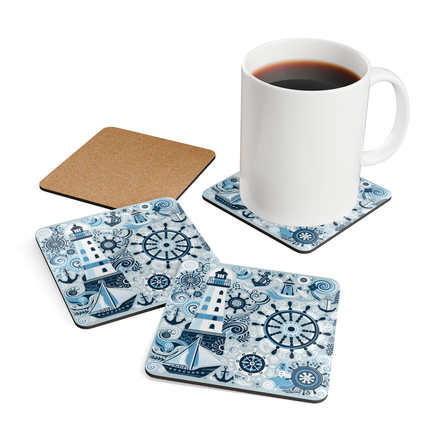 Nautical Cork Coaster Set - Lighthouse & Anchor Design
