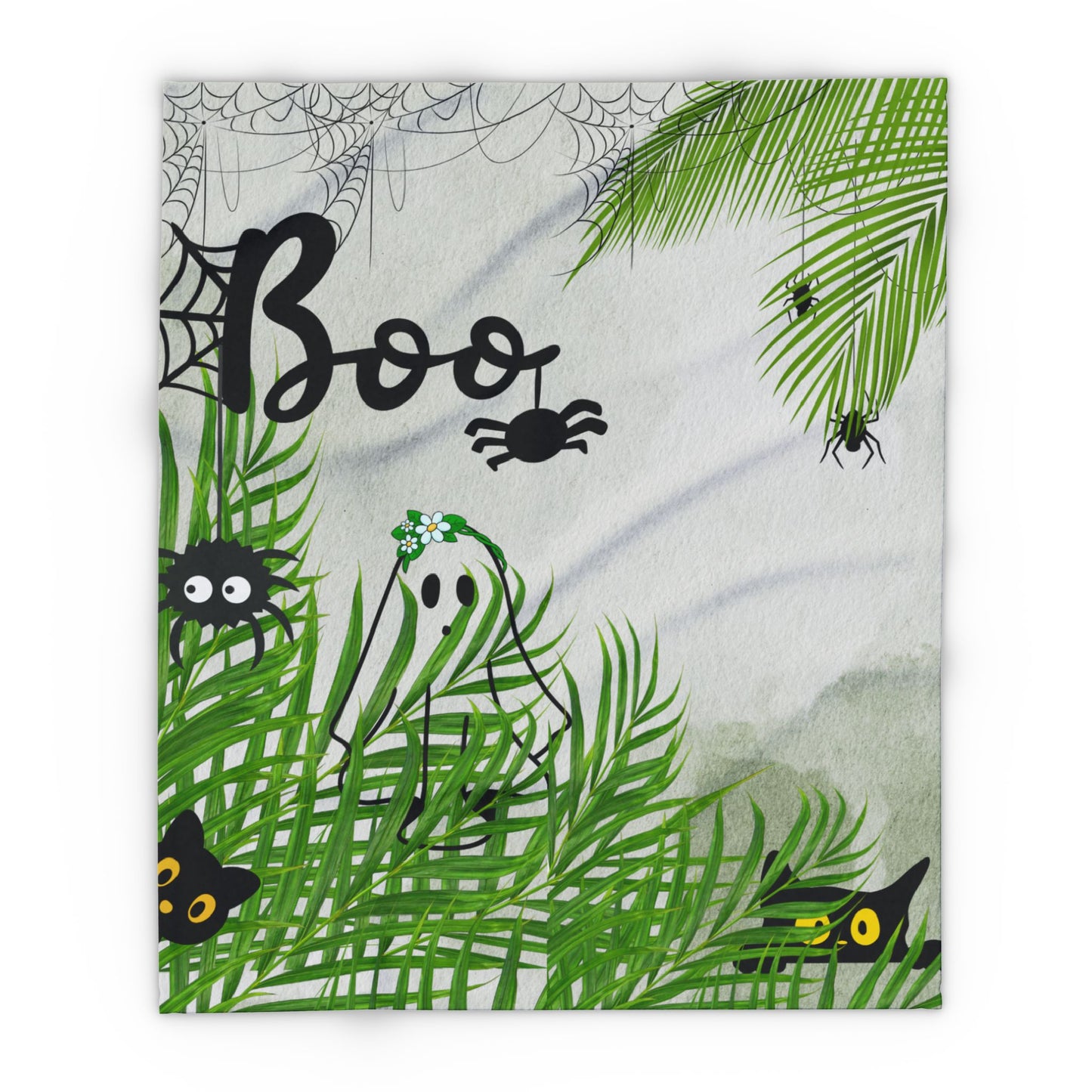 Spooky Tropical Fleece Blanket, Cozy Halloween Decor, Ghosts and Spiders, Gift for Kids, Fall Season Home Accents