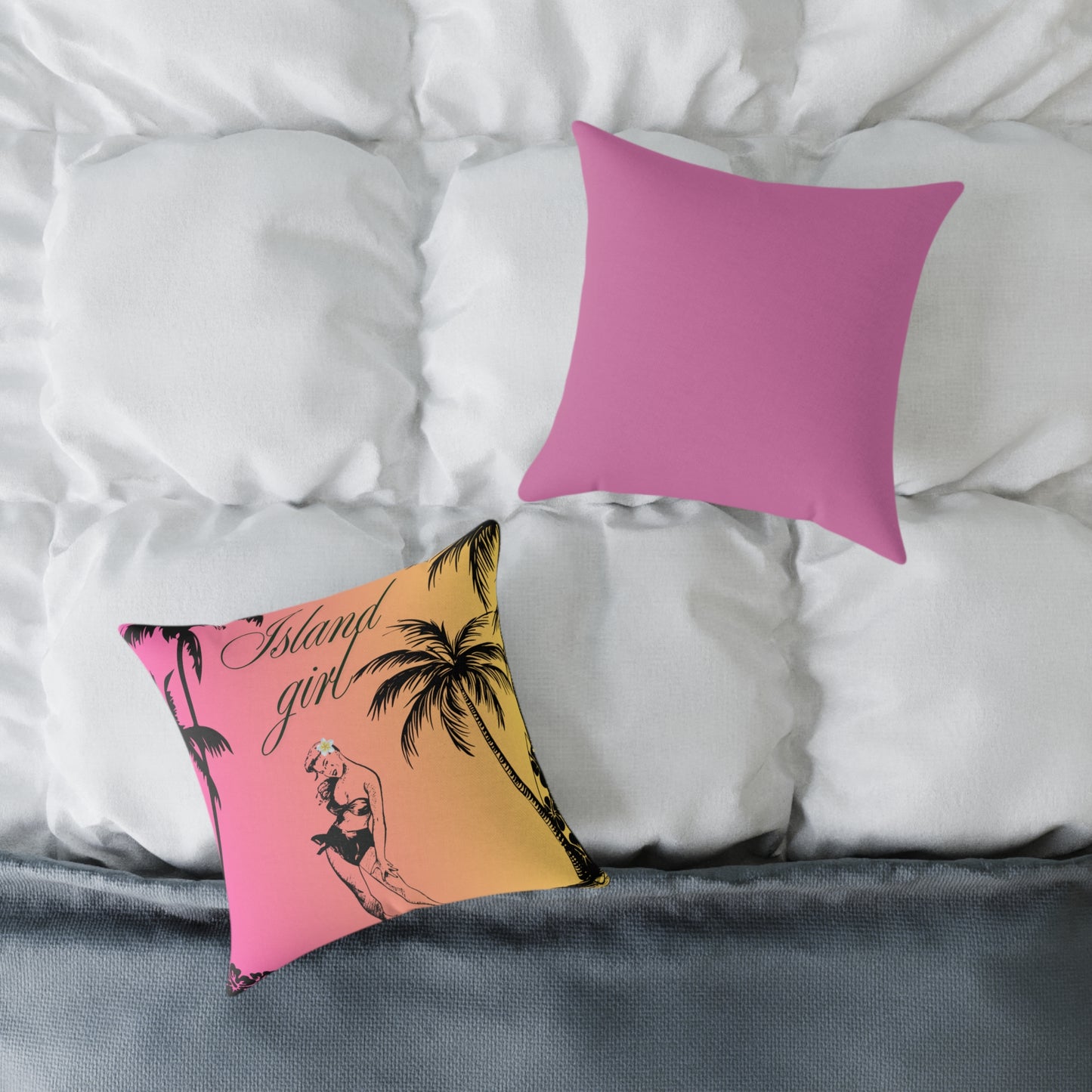 Island Girl Tropical Pillow | Square Poly Canvas Cushion, Beach Decor, Boho Bedroom Accessory, Summer Vibes, Coastal Living