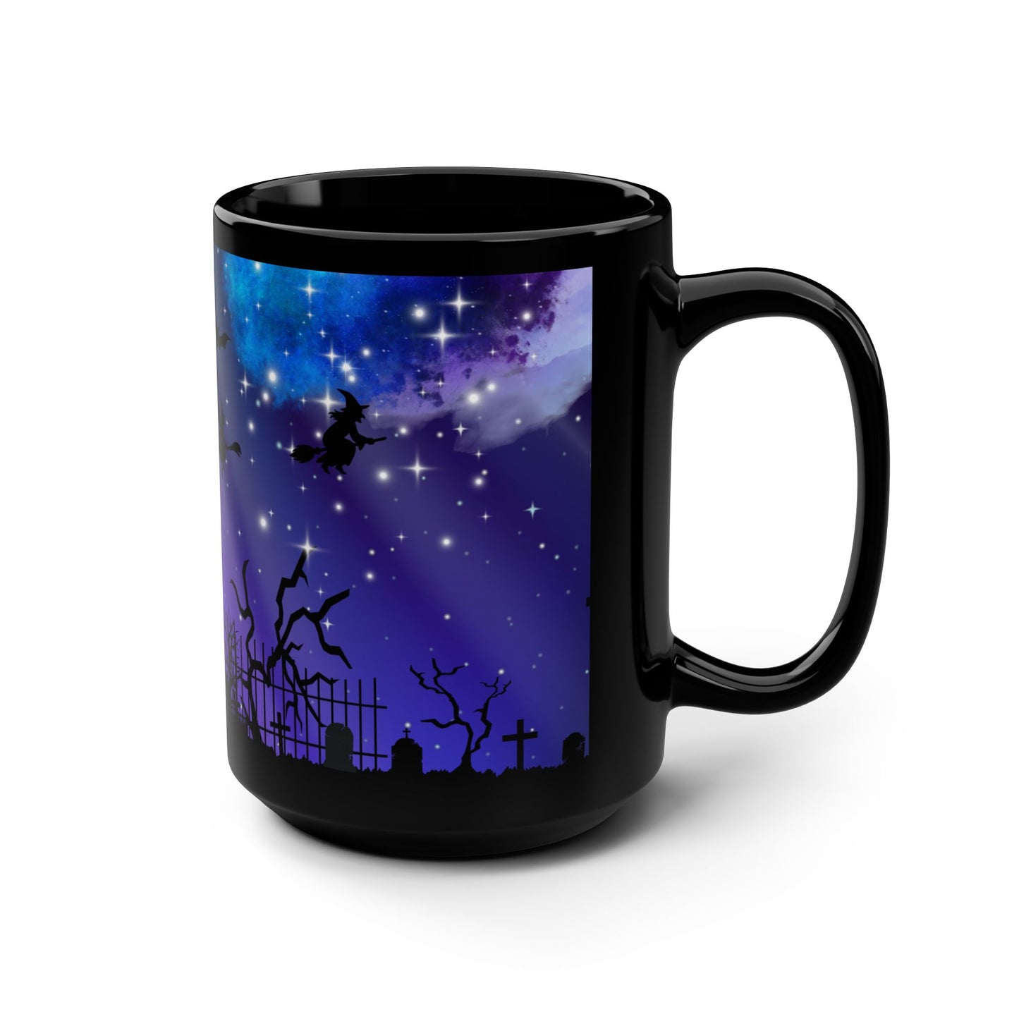 Halloween Themed Black Mug, 15oz, Witch and Bat Design, Spooky Coffee Cup, Perfect for Halloween Decor, Unique Gift for Witch Lovers
