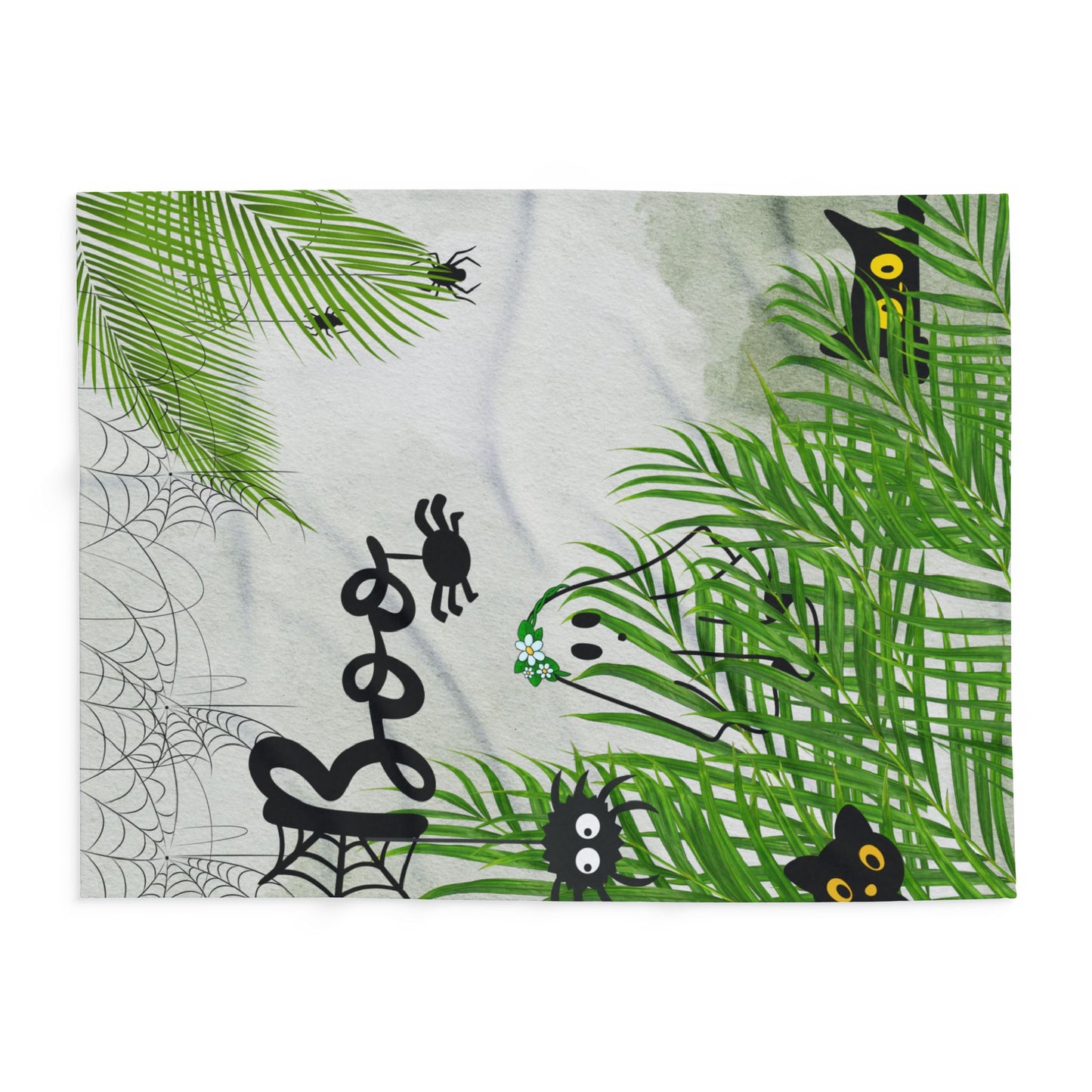 Spooky Tropical Fleece Blanket, Cozy Halloween Decor, Ghosts and Spiders, Gift for Kids, Fall Season Home Accents