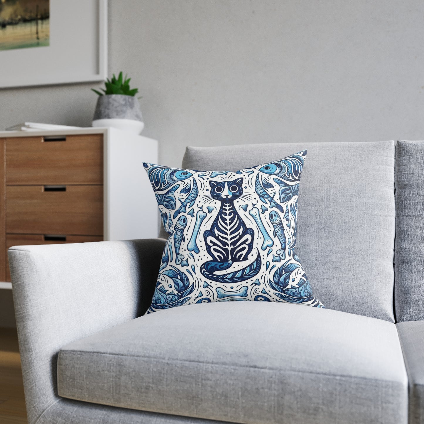 Whimsical Cat Skeleton Square Pillow – Cozy Home Decor for Cat Lovers