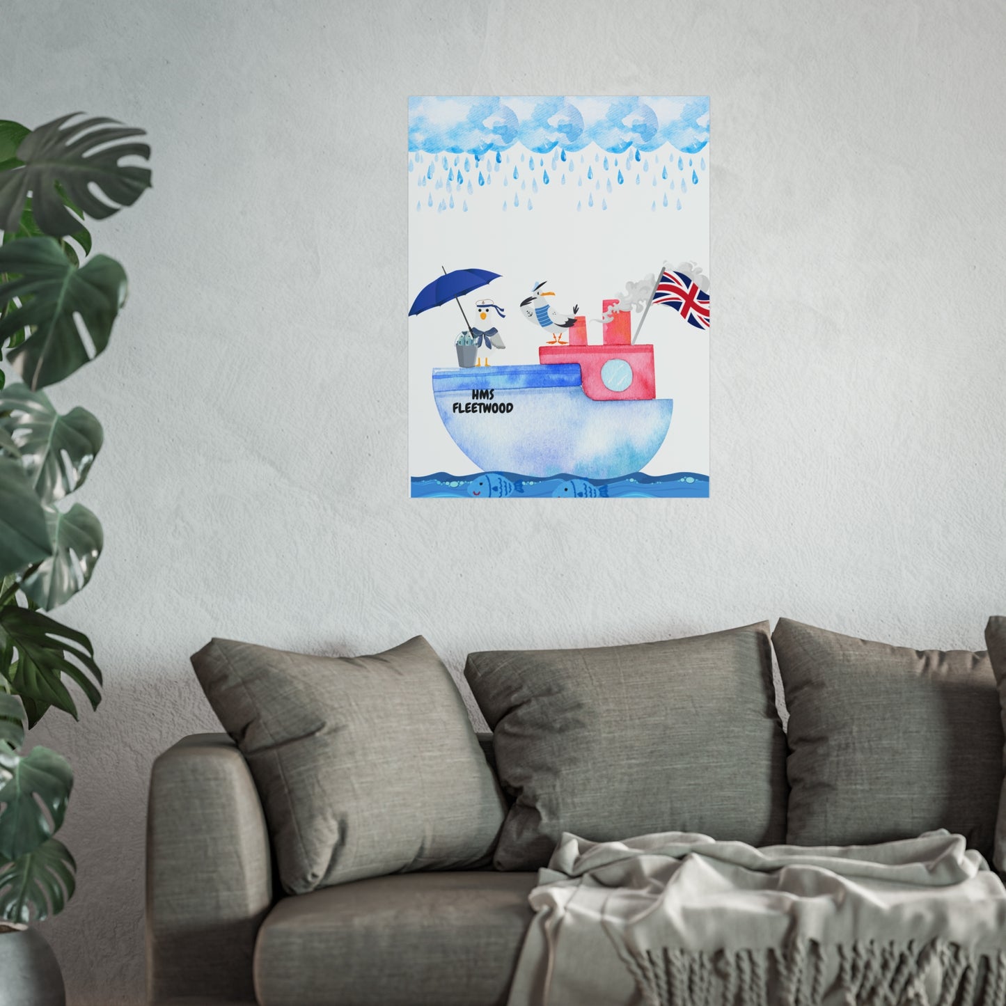 Whimsical Nautical Poster, Coastal Wall Art, HMS Fleetwood Decor, Seagull Artwork, Beach House Decoration