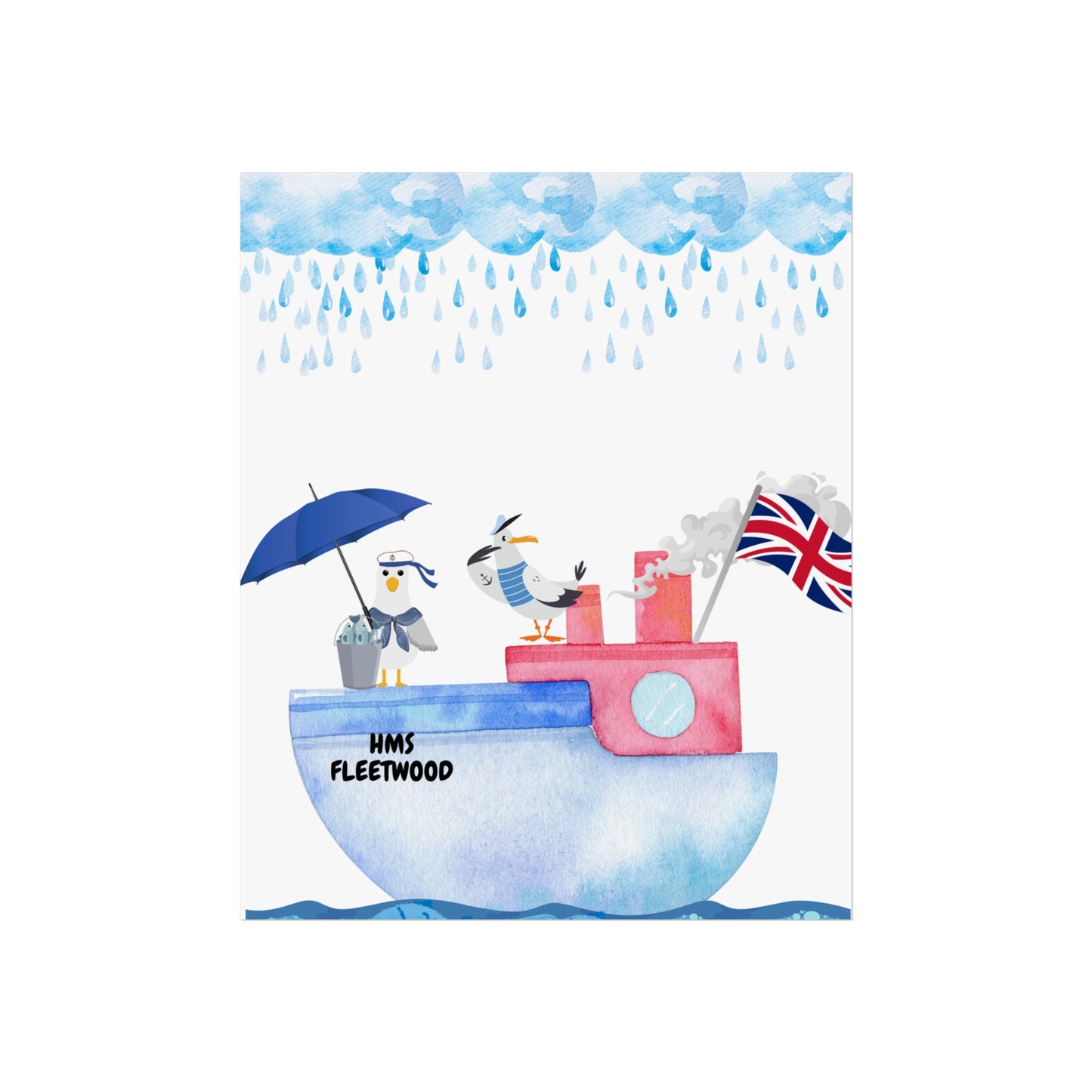 Whimsical Nautical Poster, Coastal Wall Art, HMS Fleetwood Decor, Seagull Artwork, Beach House Decoration