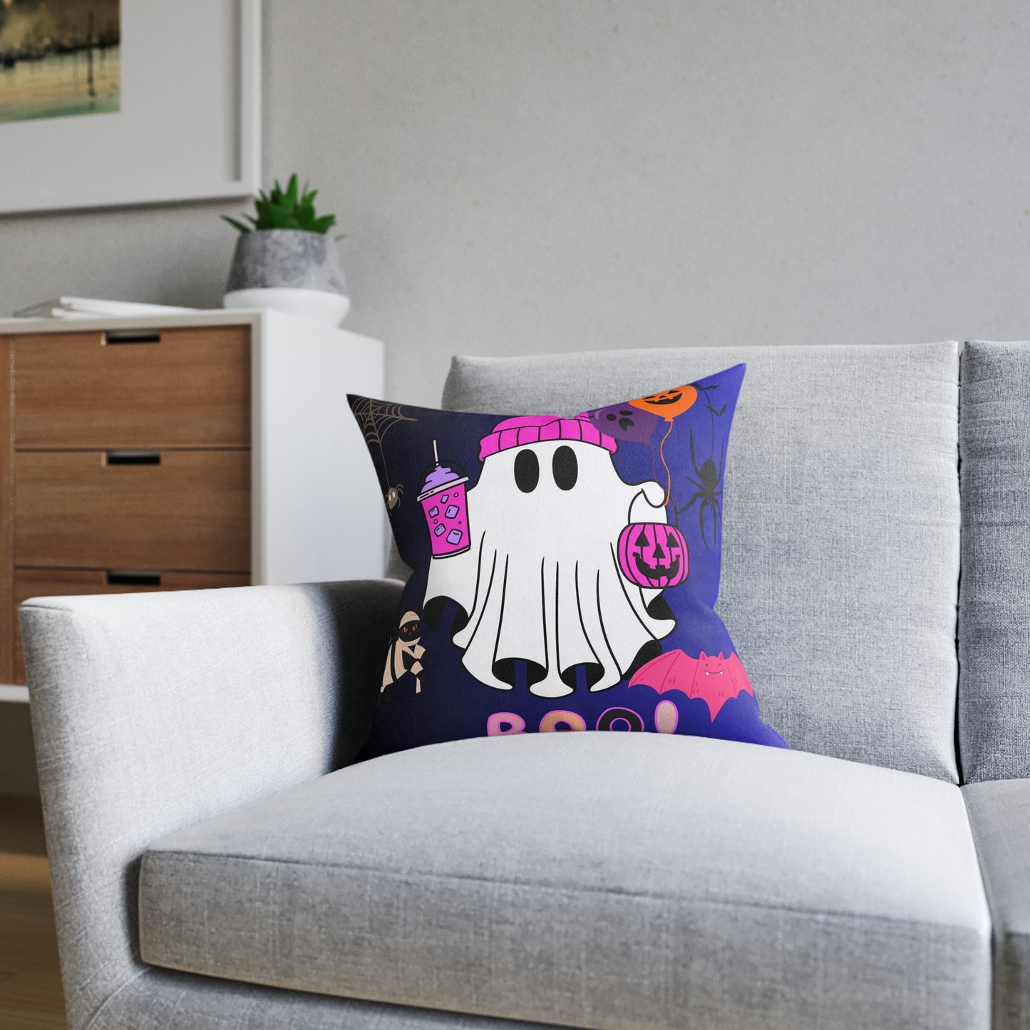 Halloween Ghost Square Pillow, Spooky Decor, Halloween Home Accent, Kid's Room Decoration, Cozy Throw Pillow
