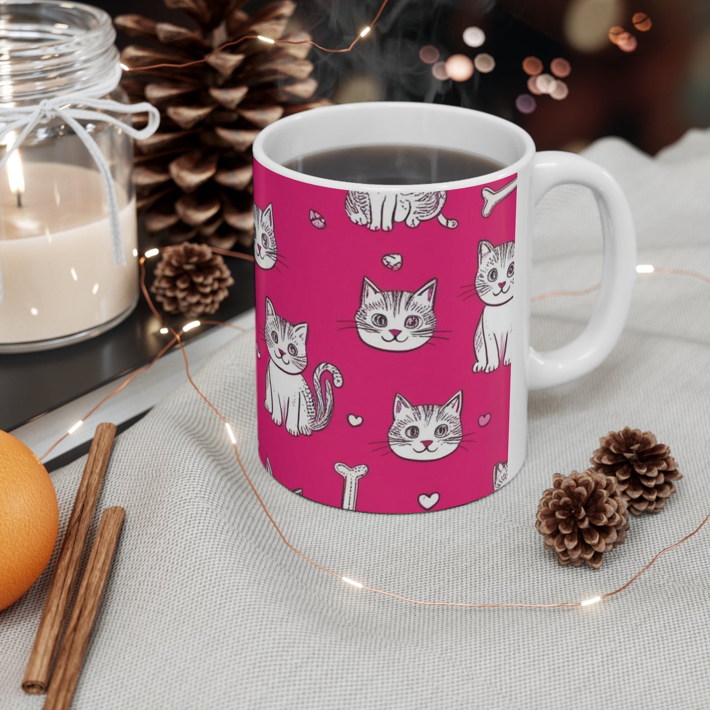 Cute Cat & Bone Ceramic Coffee Cup - 11oz & 15oz Mugs for Pet Lovers