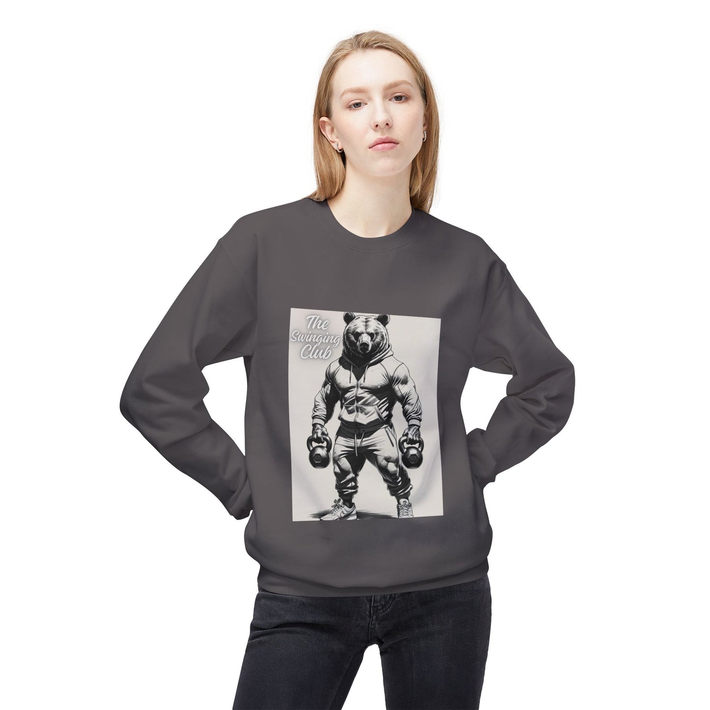 Fleece Crewneck Sweatshirt with Bear Gym Design, Cozy Unisex Apparel, Perfect for Workouts, Gift for Fitness Lovers, Casual Wear