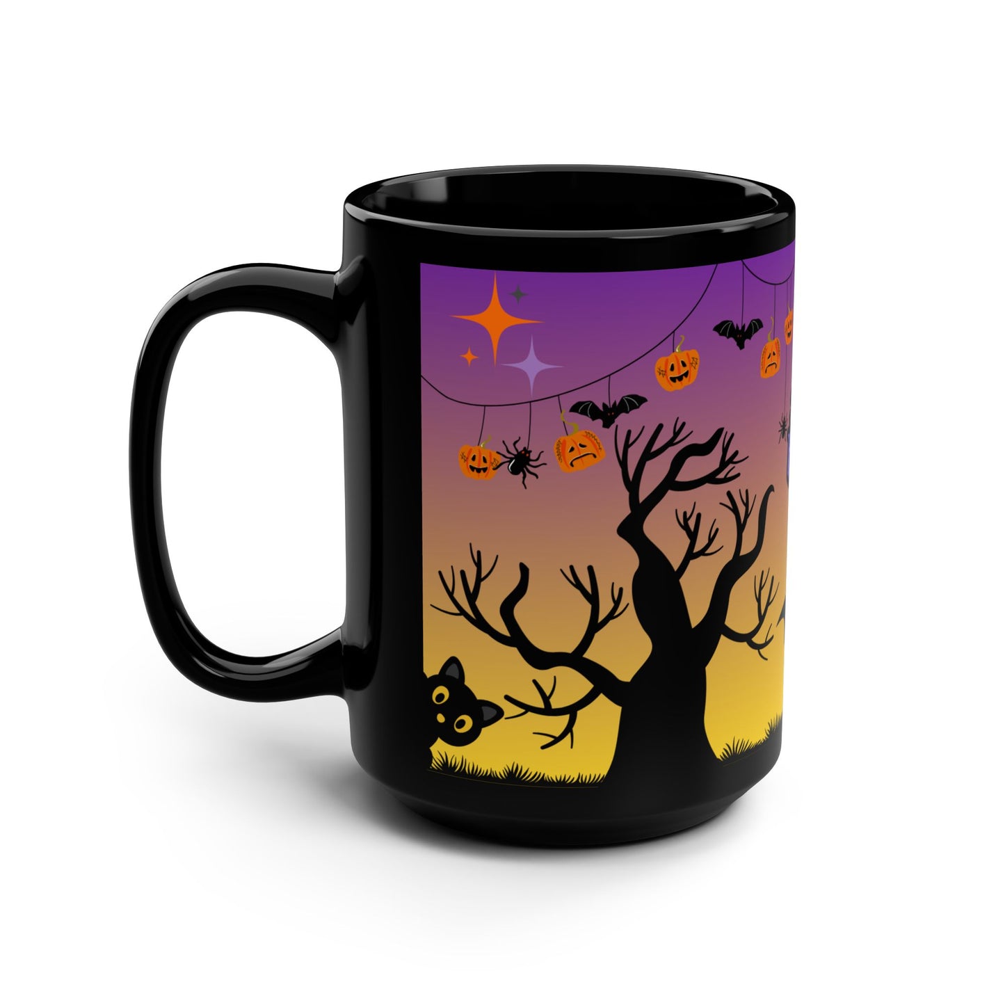Halloween-Themed Black Mug, 15oz - Spooky Coffee Cup for Fall Festivities, Witchy Decor, Trick-or-Treat, Halloween Party, Gift
