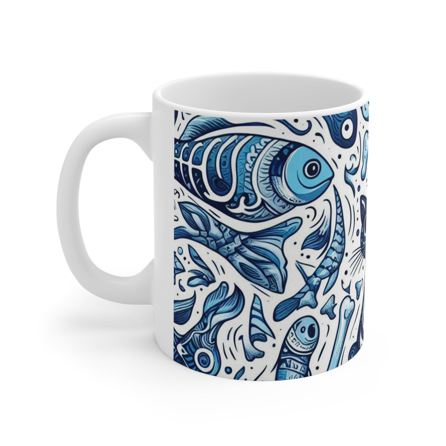 Whimsical Cat and Fish Ceramic Coffee Cups - 11oz & 15oz