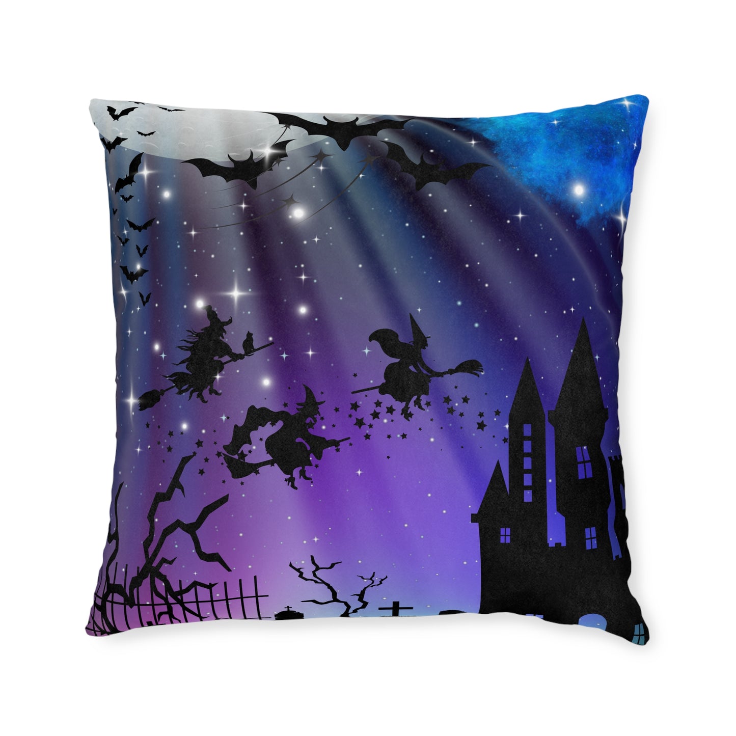 Halloween-Themed Decorative Pillow, Cozy Square Cushion for Home Decor, Perfect for Fall, Witch and Castle Design