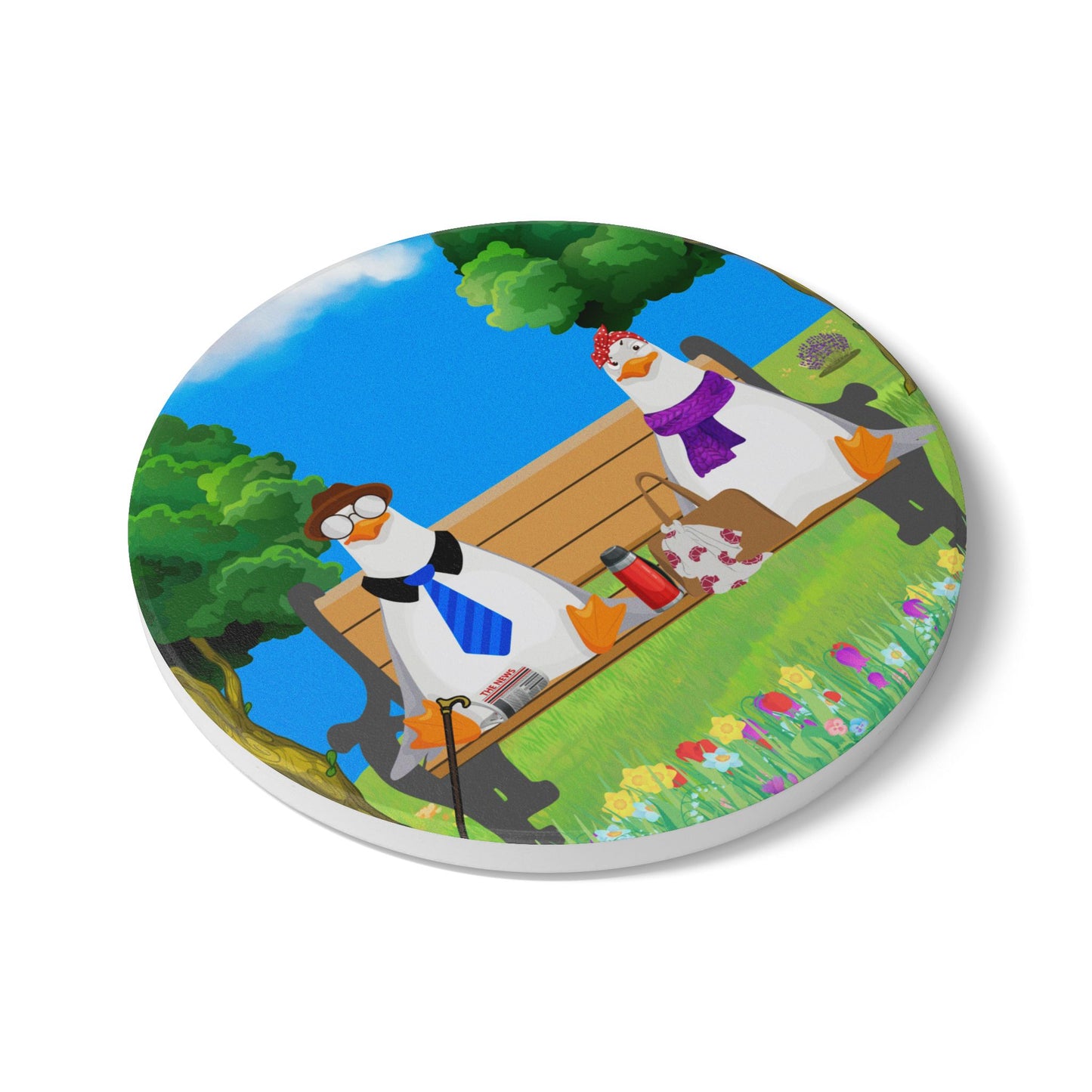 Whimsical Garden Ducks Ceramic Coaster Set, Cute Home Decor, Gift for Duck Lovers, Unique Drinkware, Collectible Art Coasters