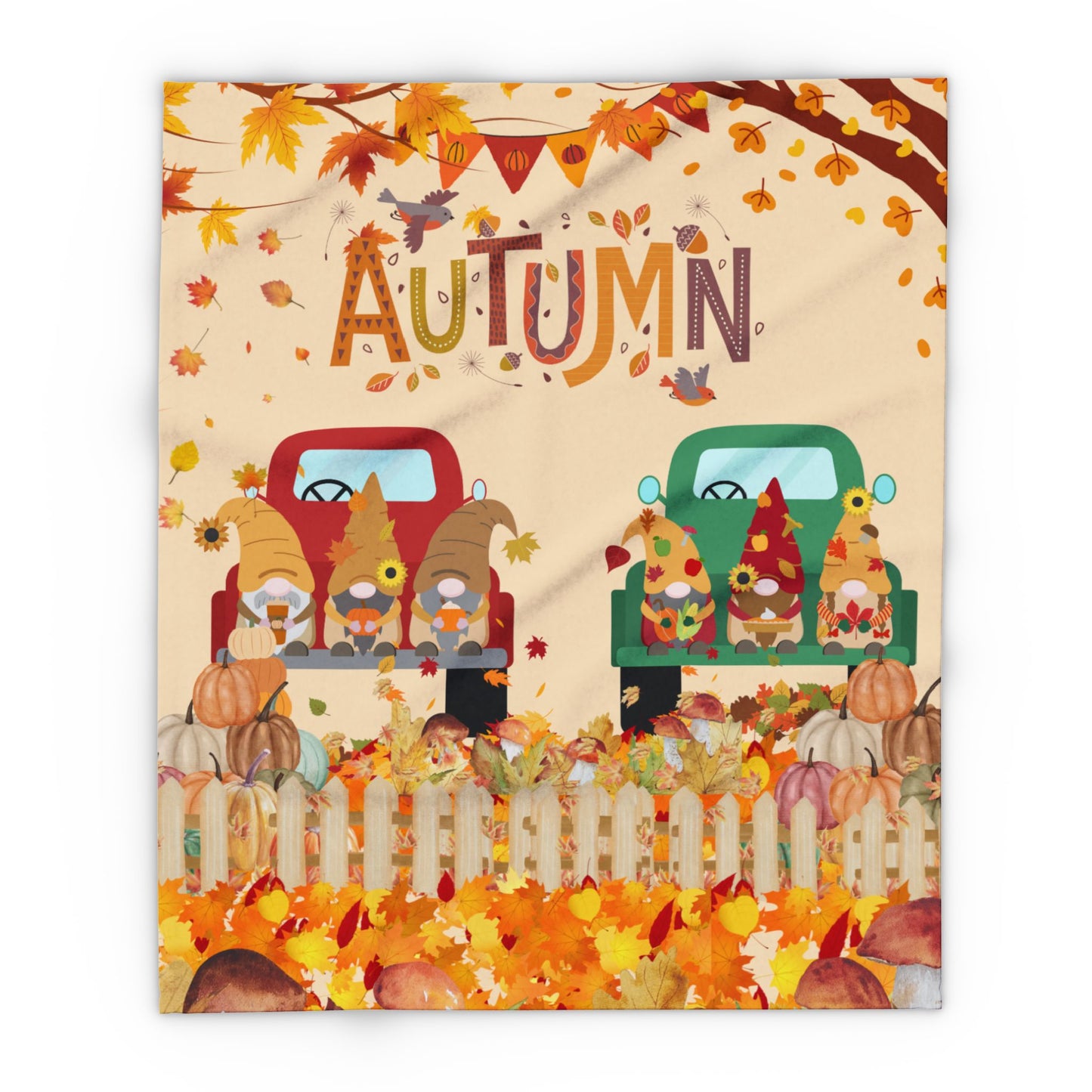 Cozy Autumn Fleece Blanket, Fall Decor, Thanksgiving Gift, Seasonal Throw, Snuggle Blanket, Gnome and Truck Design