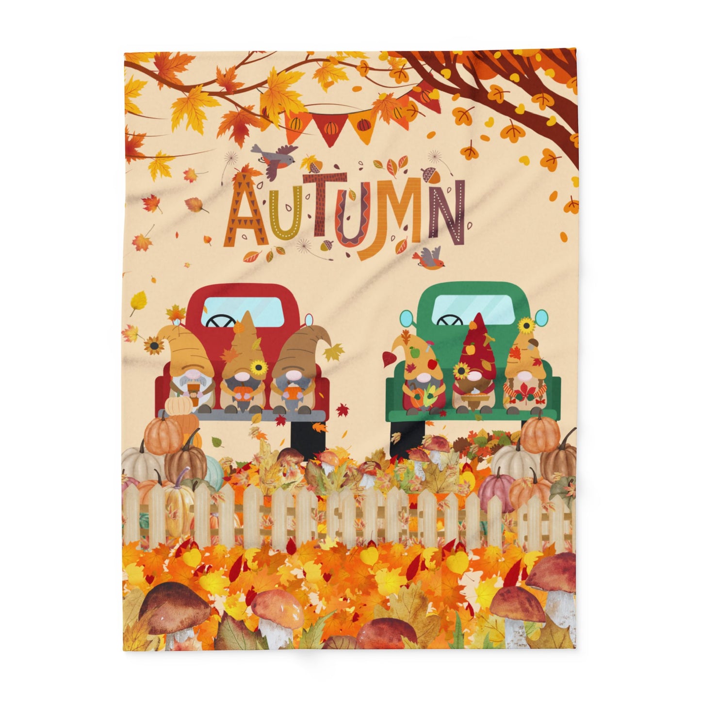 Cozy Autumn Fleece Blanket, Fall Decor, Thanksgiving Gift, Seasonal Throw, Snuggle Blanket, Gnome and Truck Design