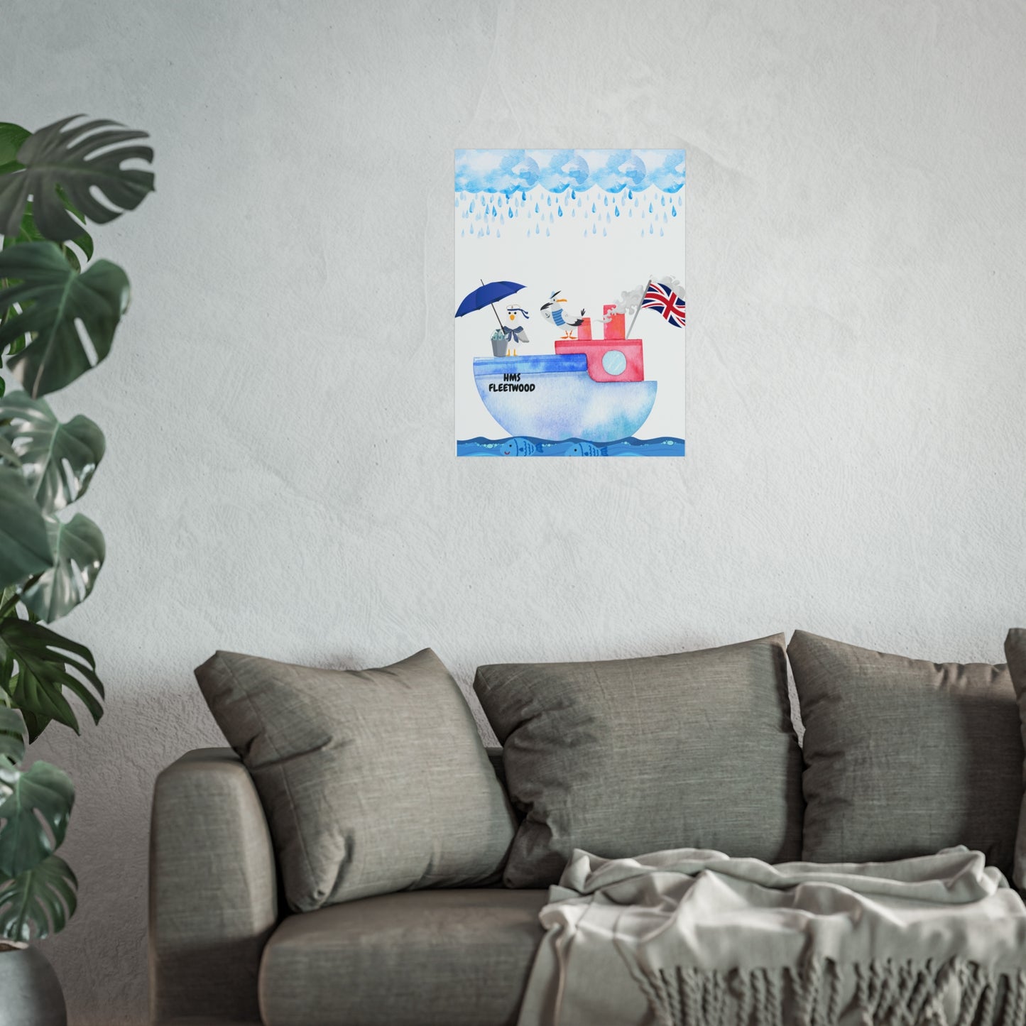 Whimsical Nautical Poster, Coastal Wall Art, HMS Fleetwood Decor, Seagull Artwork, Beach House Decoration