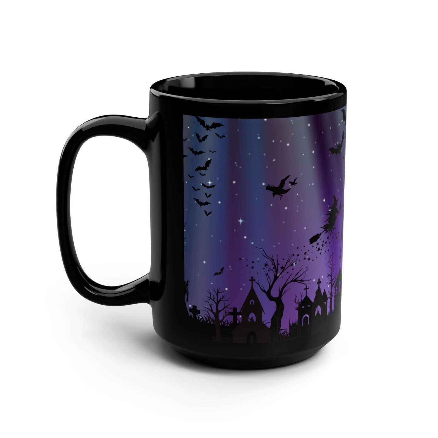 Halloween Themed Black Mug, 15oz, Witch and Bat Design, Spooky Coffee Cup, Perfect for Halloween Decor, Unique Gift for Witch Lovers