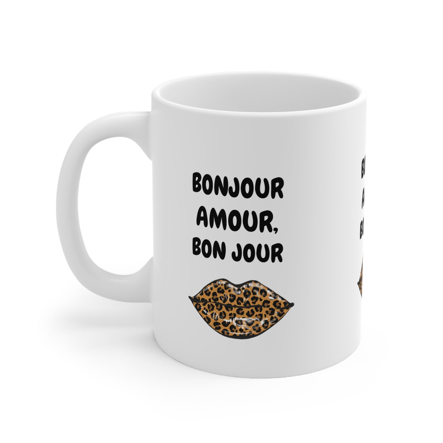 Chic Leopard Print Coffee Mug, Trendy Gift for Her, Bonjour Amour Cup, Stylish Kitchenware, Love & Friendship Gift, Unique Home Decor