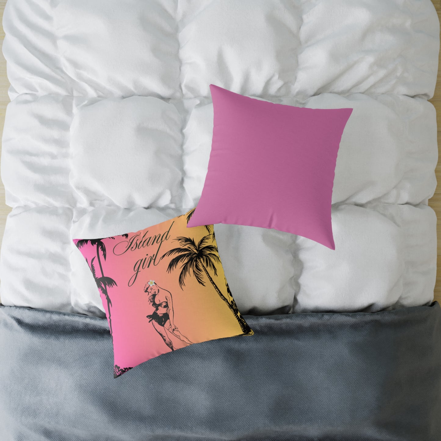 Island Girl Tropical Pillow | Square Poly Canvas Cushion, Beach Decor, Boho Bedroom Accessory, Summer Vibes, Coastal Living