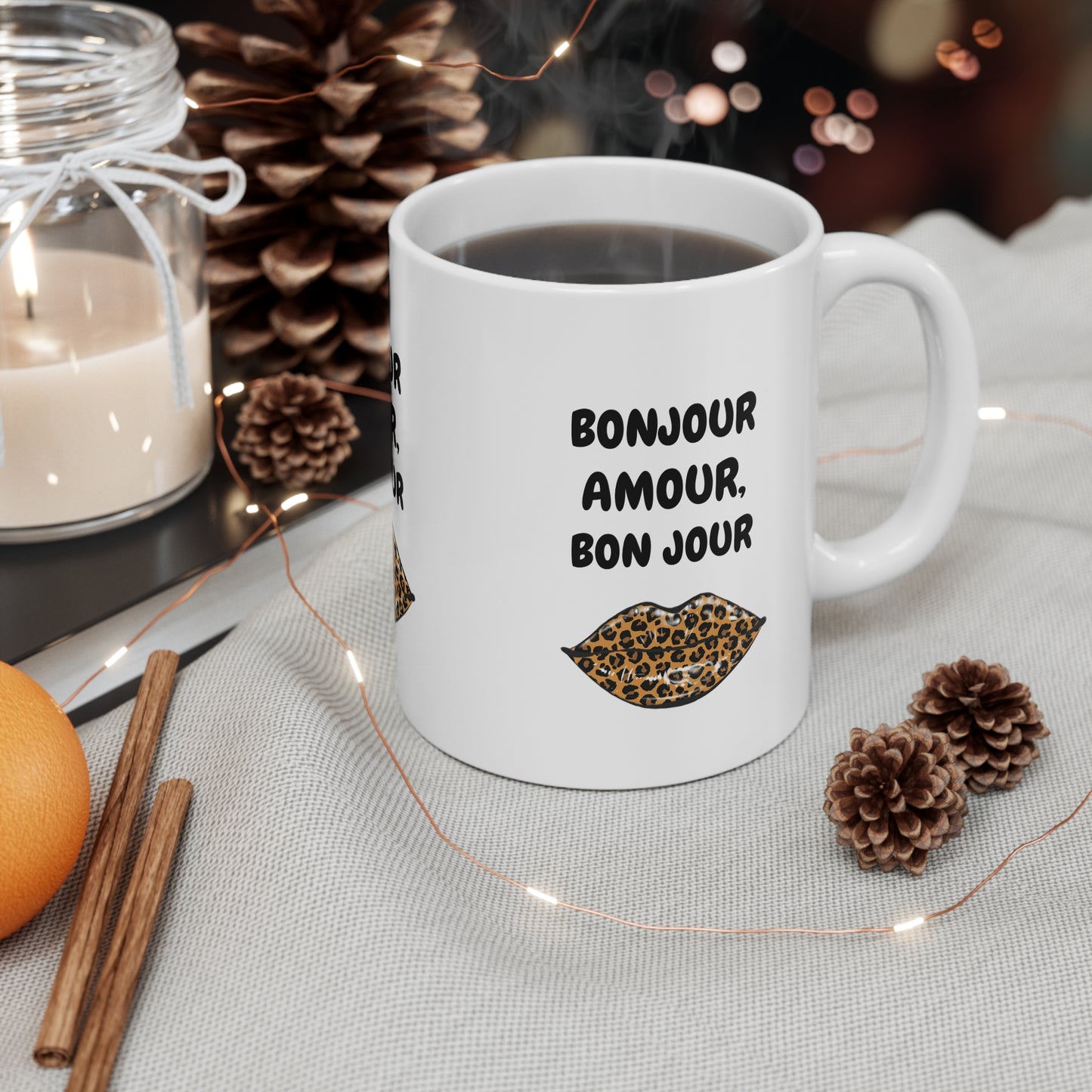 Chic Leopard Print Coffee Mug, Trendy Gift for Her, Bonjour Amour Cup, Stylish Kitchenware, Love & Friendship Gift, Unique Home Decor