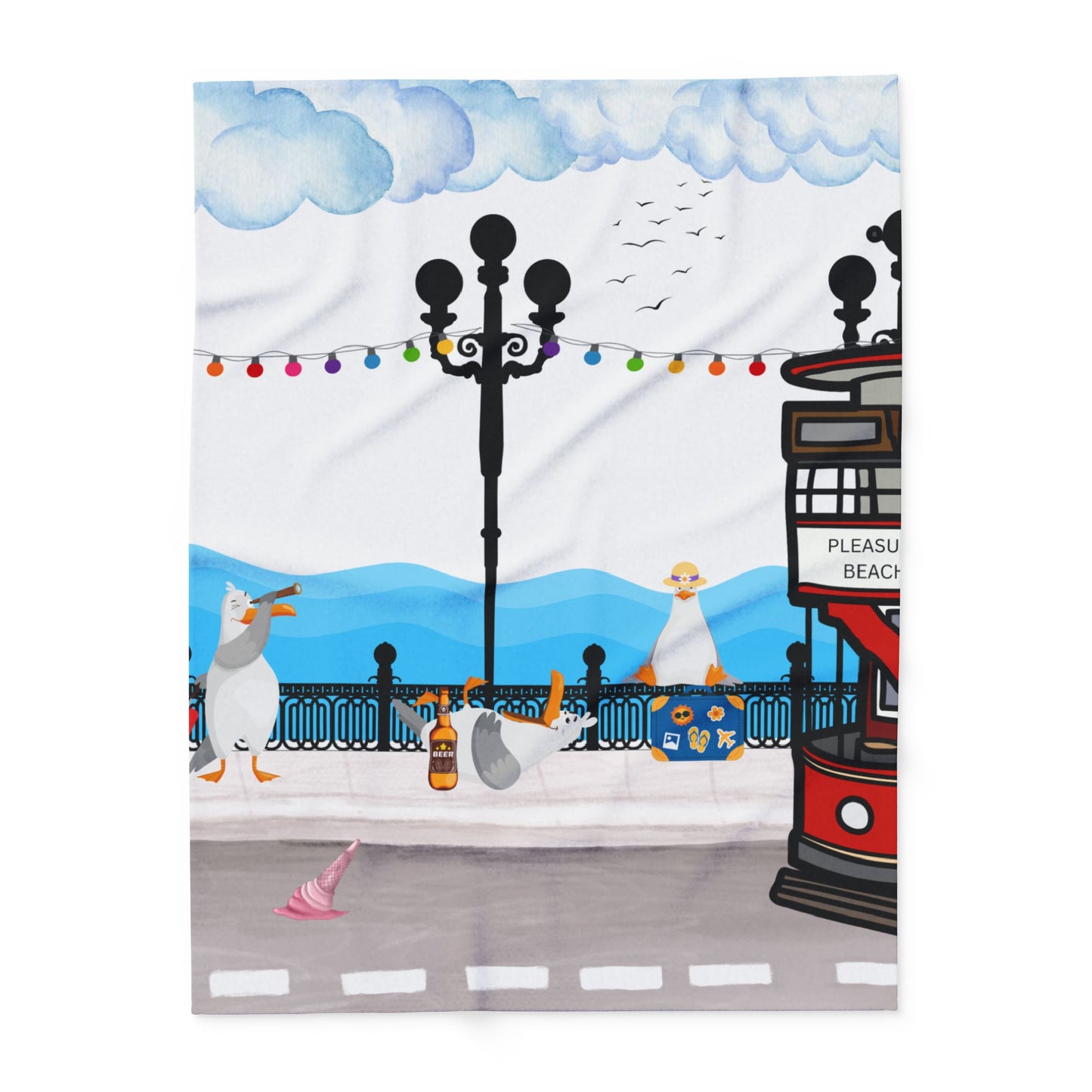 Whimsical Seaside Arctic Fleece Blanket, Cozy Home Decor, Bird-themed Gift, Beach Lover's Throw, Perfect for Picnics & Home Décor