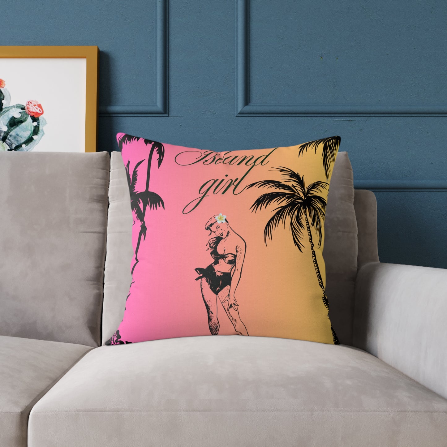Island Girl Tropical Pillow | Square Poly Canvas Cushion, Beach Decor, Boho Bedroom Accessory, Summer Vibes, Coastal Living