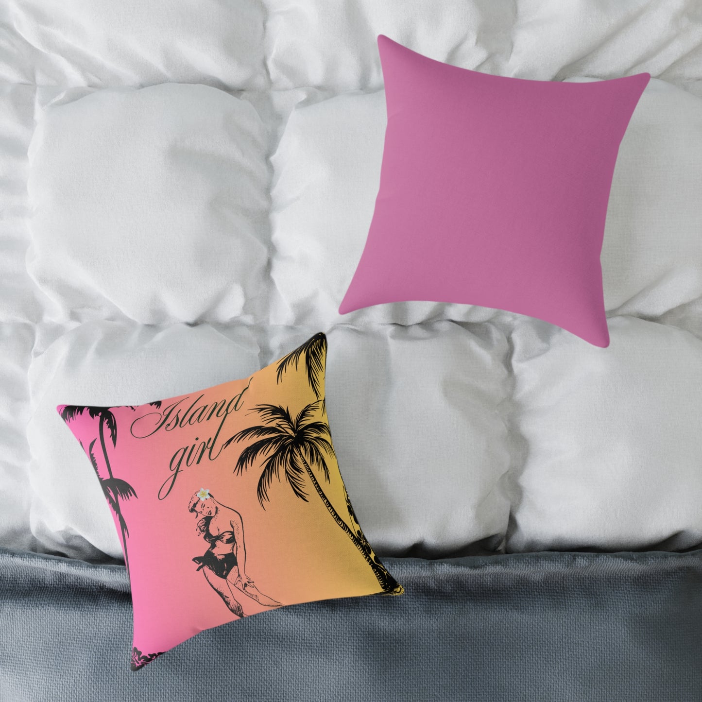 Island Girl Tropical Pillow | Square Poly Canvas Cushion, Beach Decor, Boho Bedroom Accessory, Summer Vibes, Coastal Living
