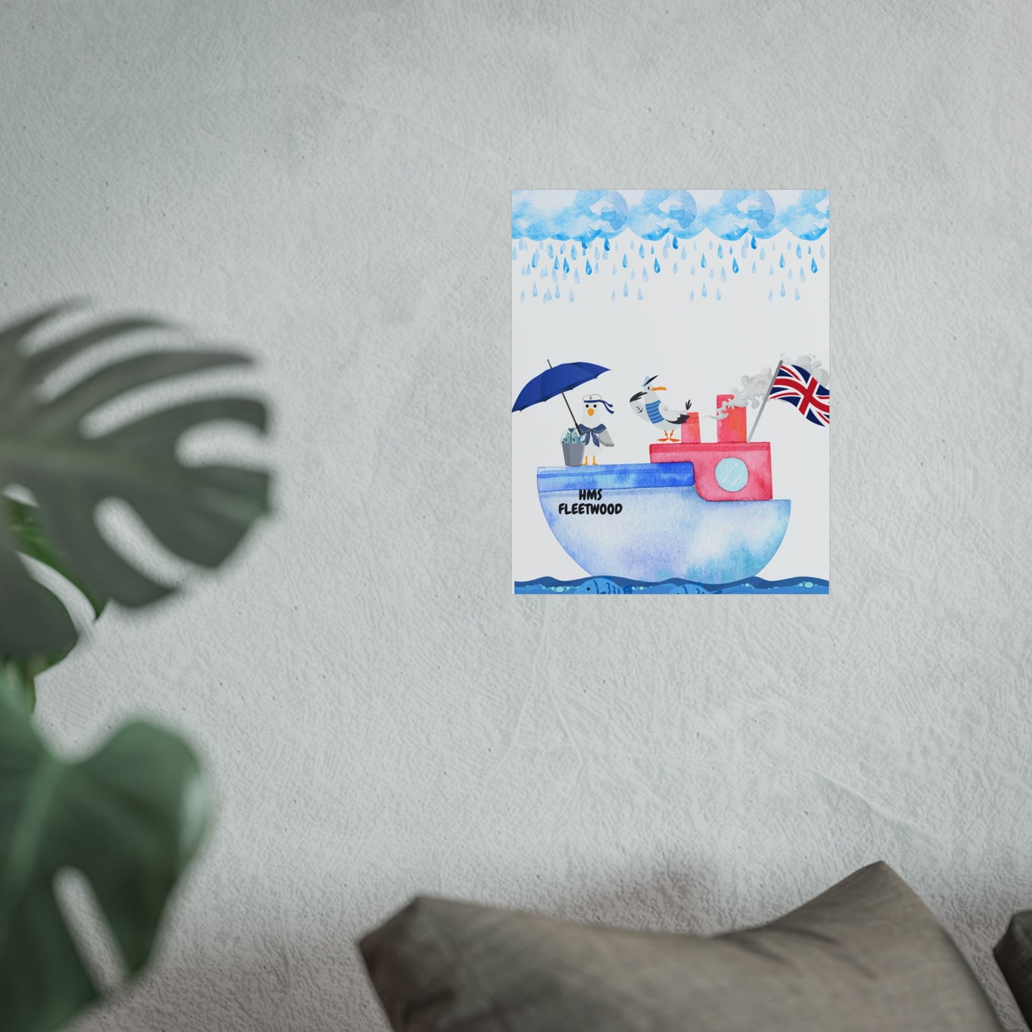 Whimsical Nautical Poster, Coastal Wall Art, HMS Fleetwood Decor, Seagull Artwork, Beach House Decoration