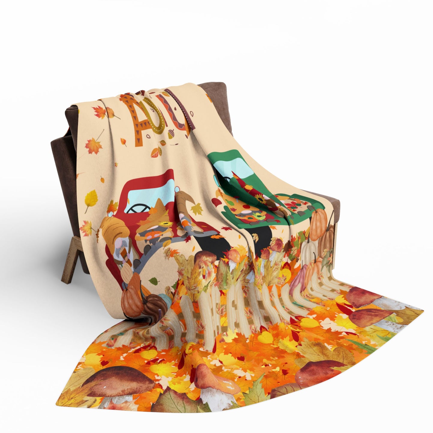 Cozy Autumn Fleece Blanket, Fall Decor, Thanksgiving Gift, Seasonal Throw, Snuggle Blanket, Gnome and Truck Design