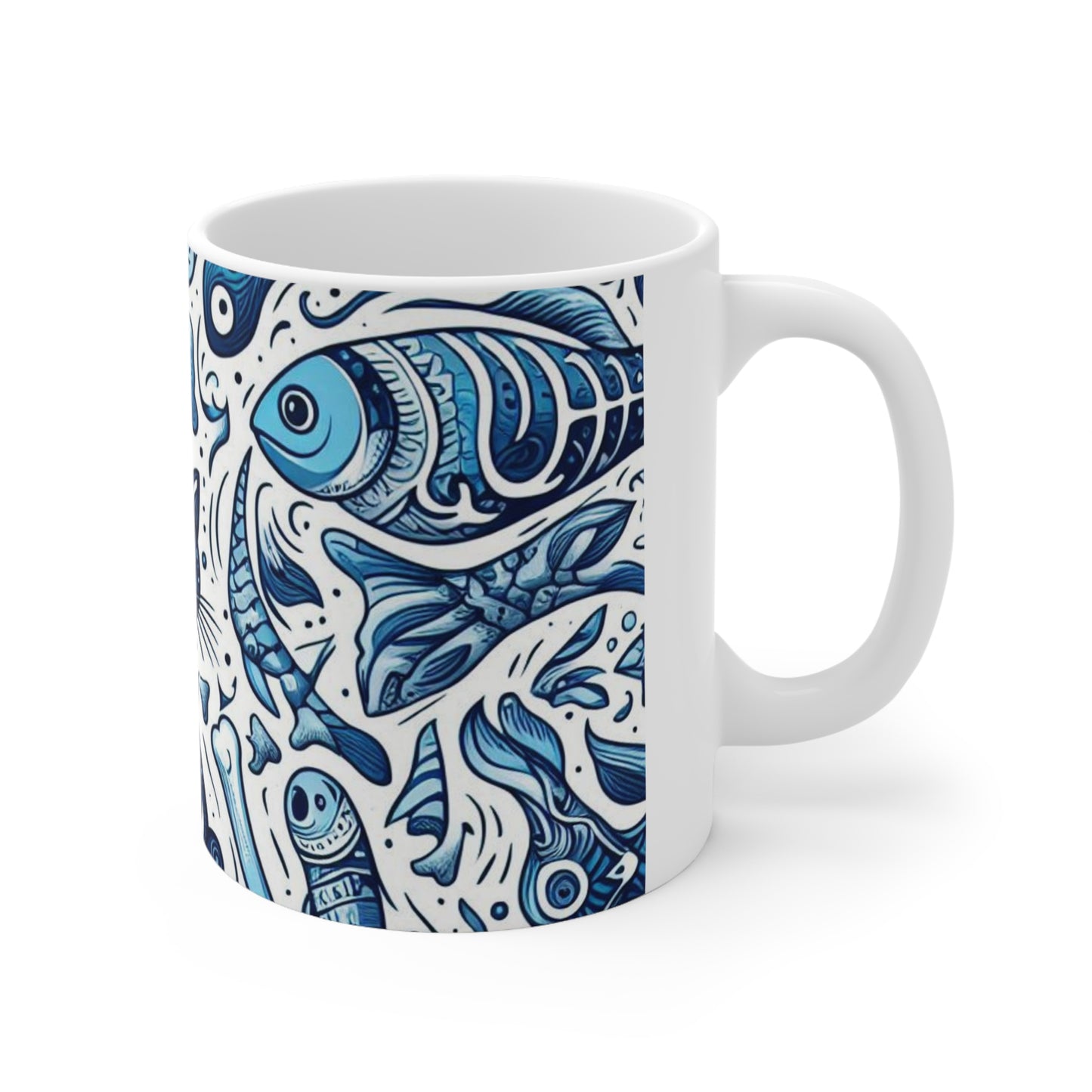 Whimsical Cat and Fish Ceramic Coffee Cups - 11oz & 15oz