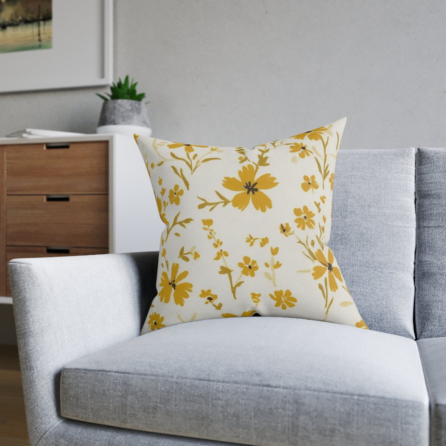 Botanical Floral Square Pillow – Bright Yellow Floral Design for Cozy Home Décor