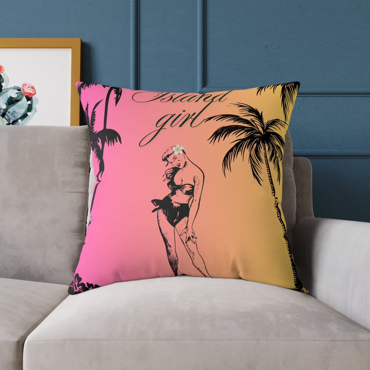 Island Girl Tropical Pillow | Square Poly Canvas Cushion, Beach Decor, Boho Bedroom Accessory, Summer Vibes, Coastal Living