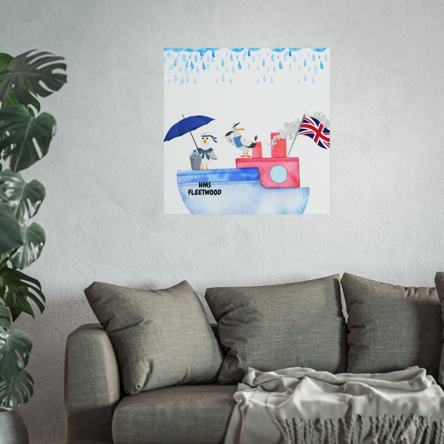 Whimsical Nautical Poster, Coastal Wall Art, HMS Fleetwood Decor, Seagull Artwork, Beach House Decoration