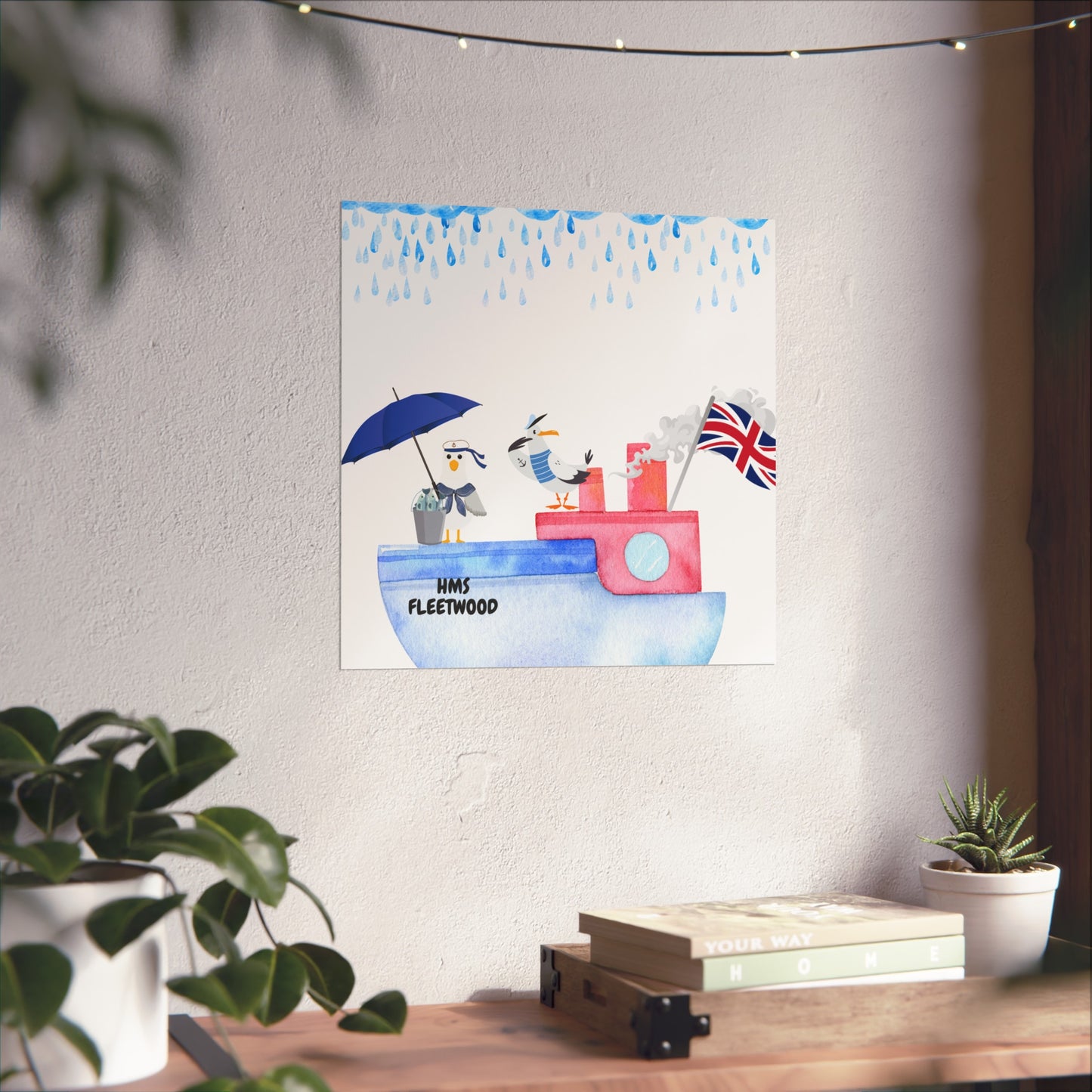 Whimsical Nautical Poster, Coastal Wall Art, HMS Fleetwood Decor, Seagull Artwork, Beach House Decoration