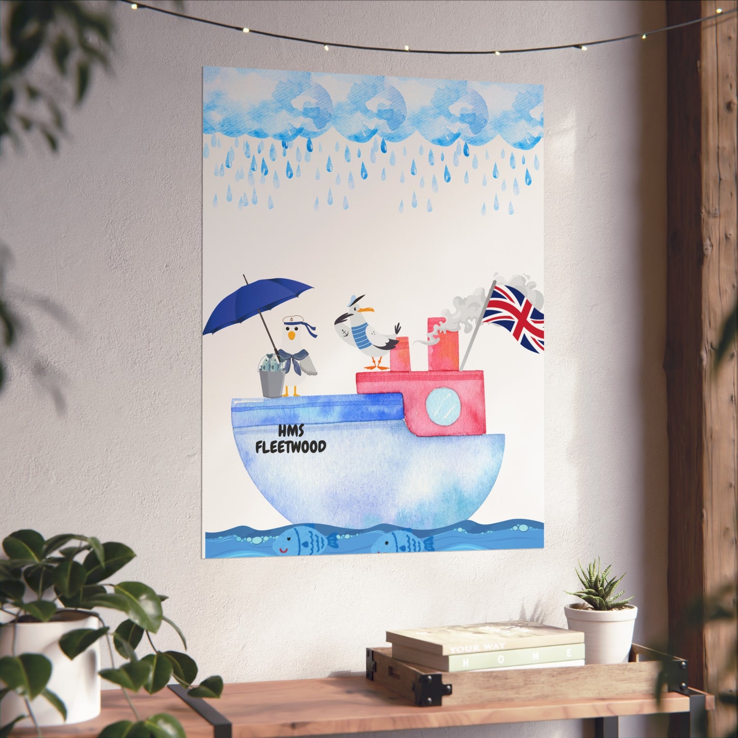 Whimsical Nautical Poster, Coastal Wall Art, HMS Fleetwood Decor, Seagull Artwork, Beach House Decoration
