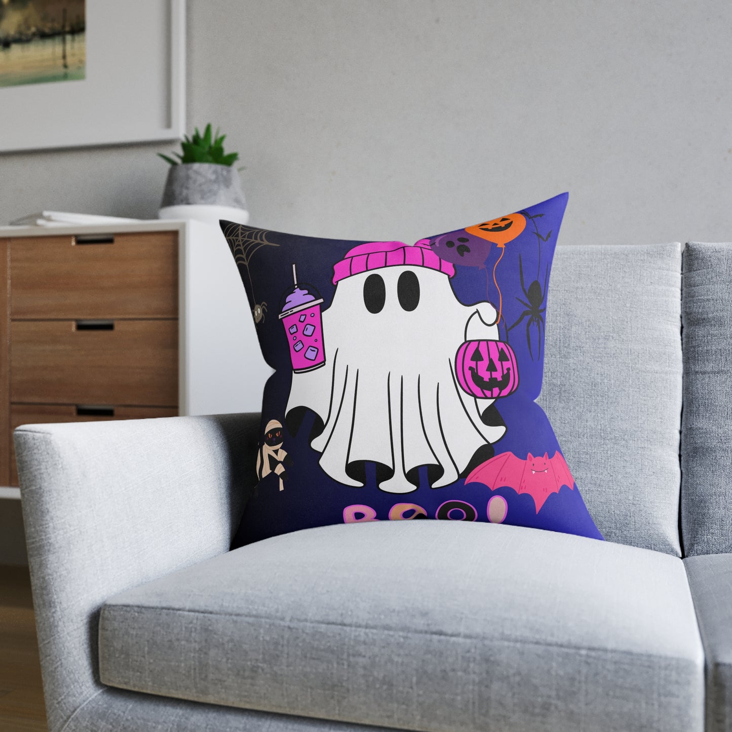 Halloween Ghost Square Pillow, Spooky Decor, Halloween Home Accent, Kid's Room Decoration, Cozy Throw Pillow