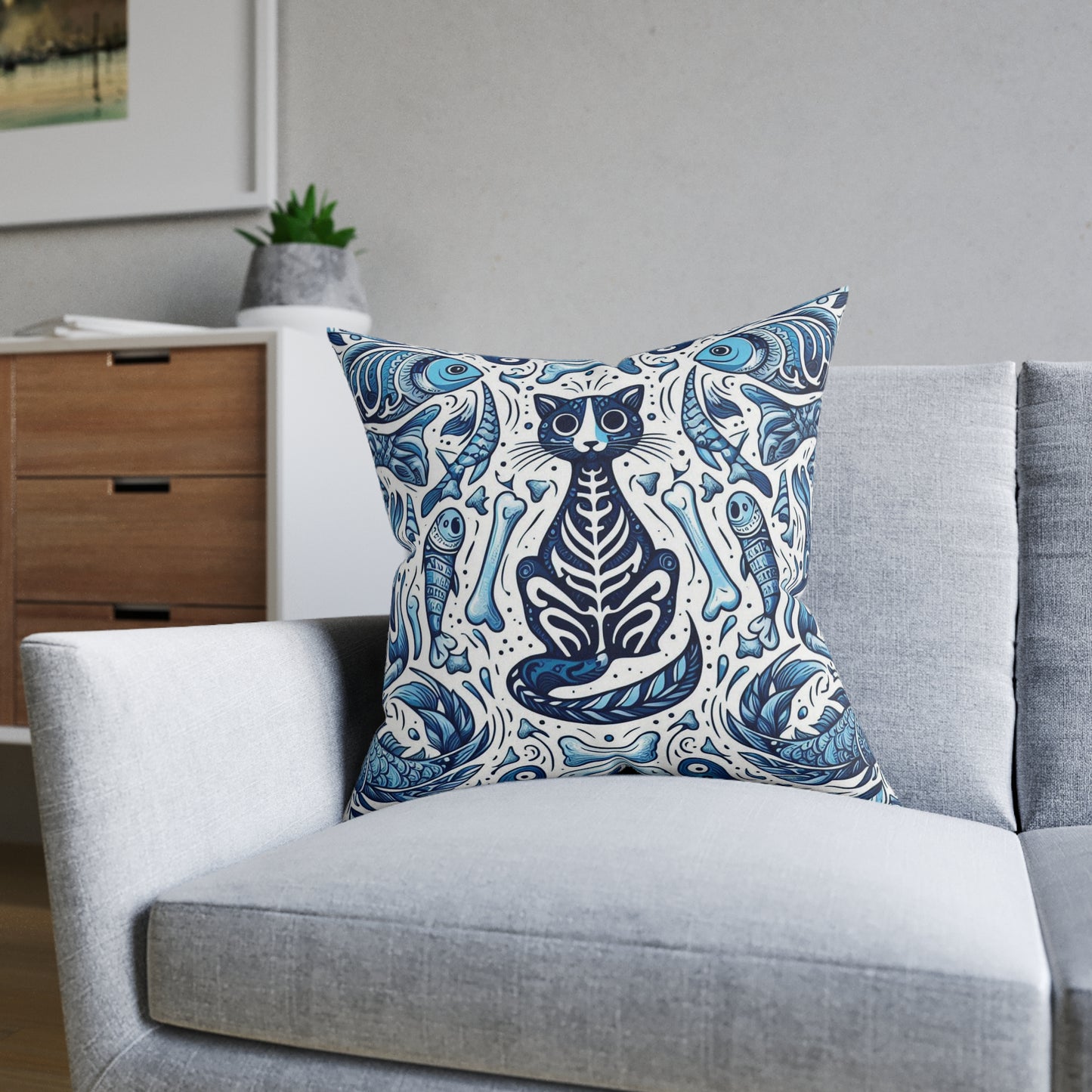 Whimsical Cat Skeleton Square Pillow – Cozy Home Decor for Cat Lovers