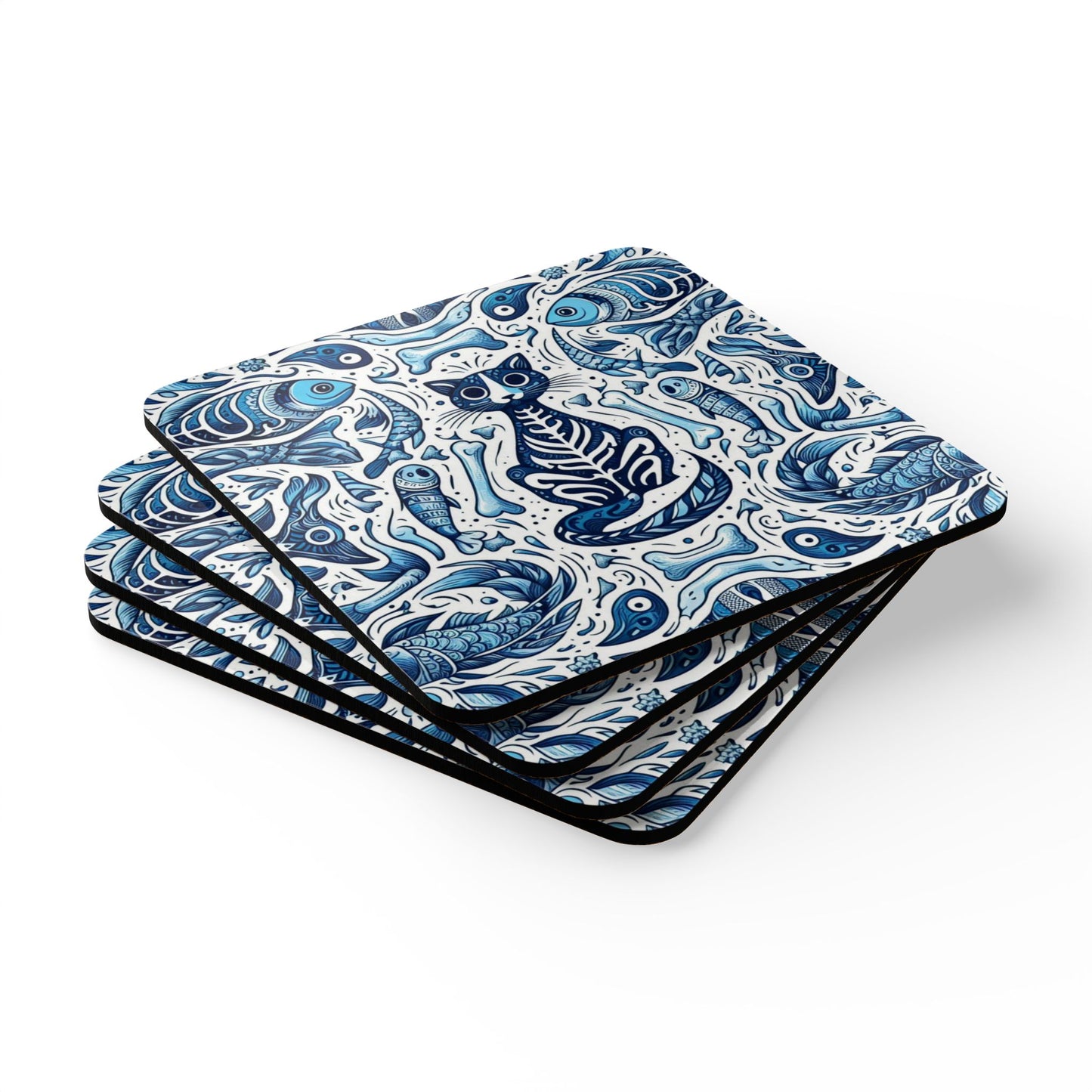 Artistic Corkwood Coaster Set - Whimsical Cat and Fish Design