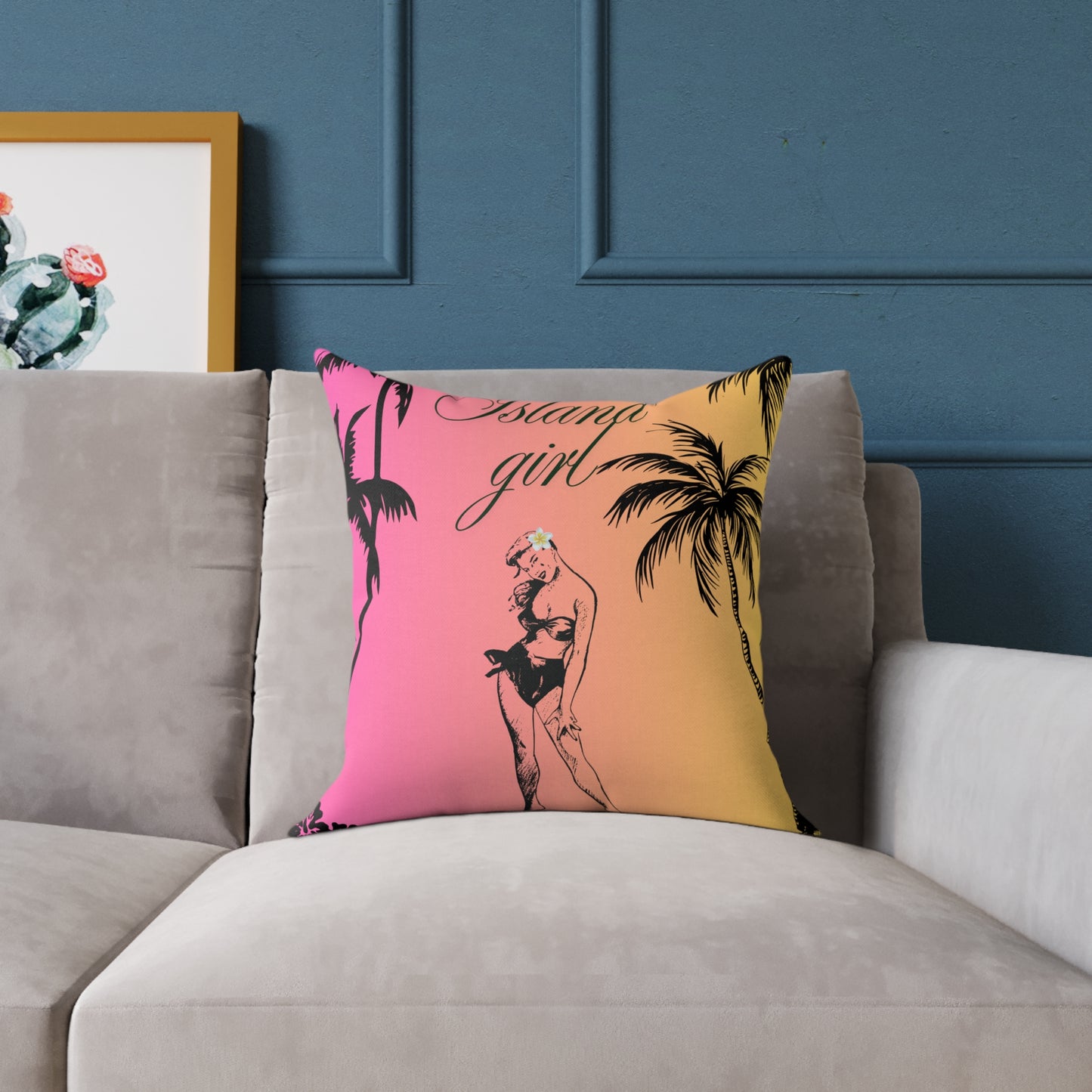 Island Girl Tropical Pillow | Square Poly Canvas Cushion, Beach Decor, Boho Bedroom Accessory, Summer Vibes, Coastal Living