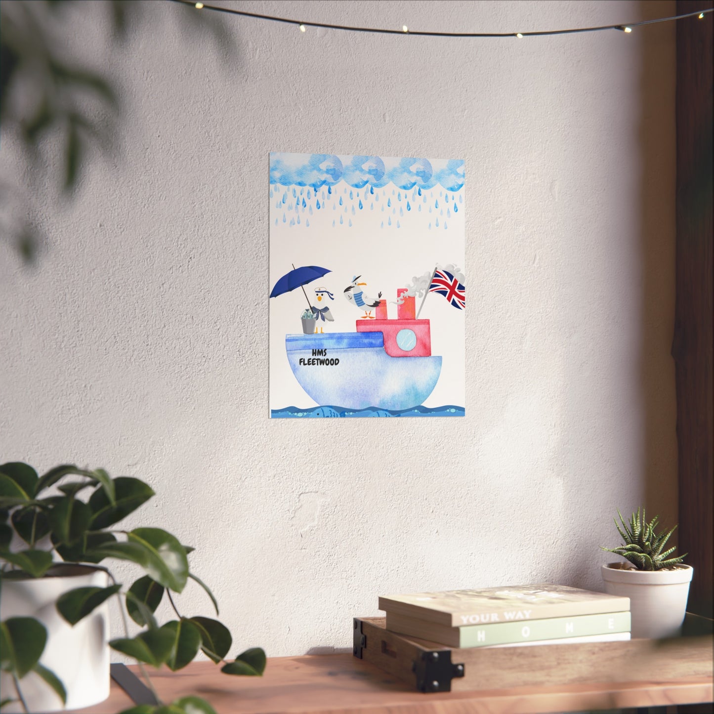 Whimsical Nautical Poster, Coastal Wall Art, HMS Fleetwood Decor, Seagull Artwork, Beach House Decoration