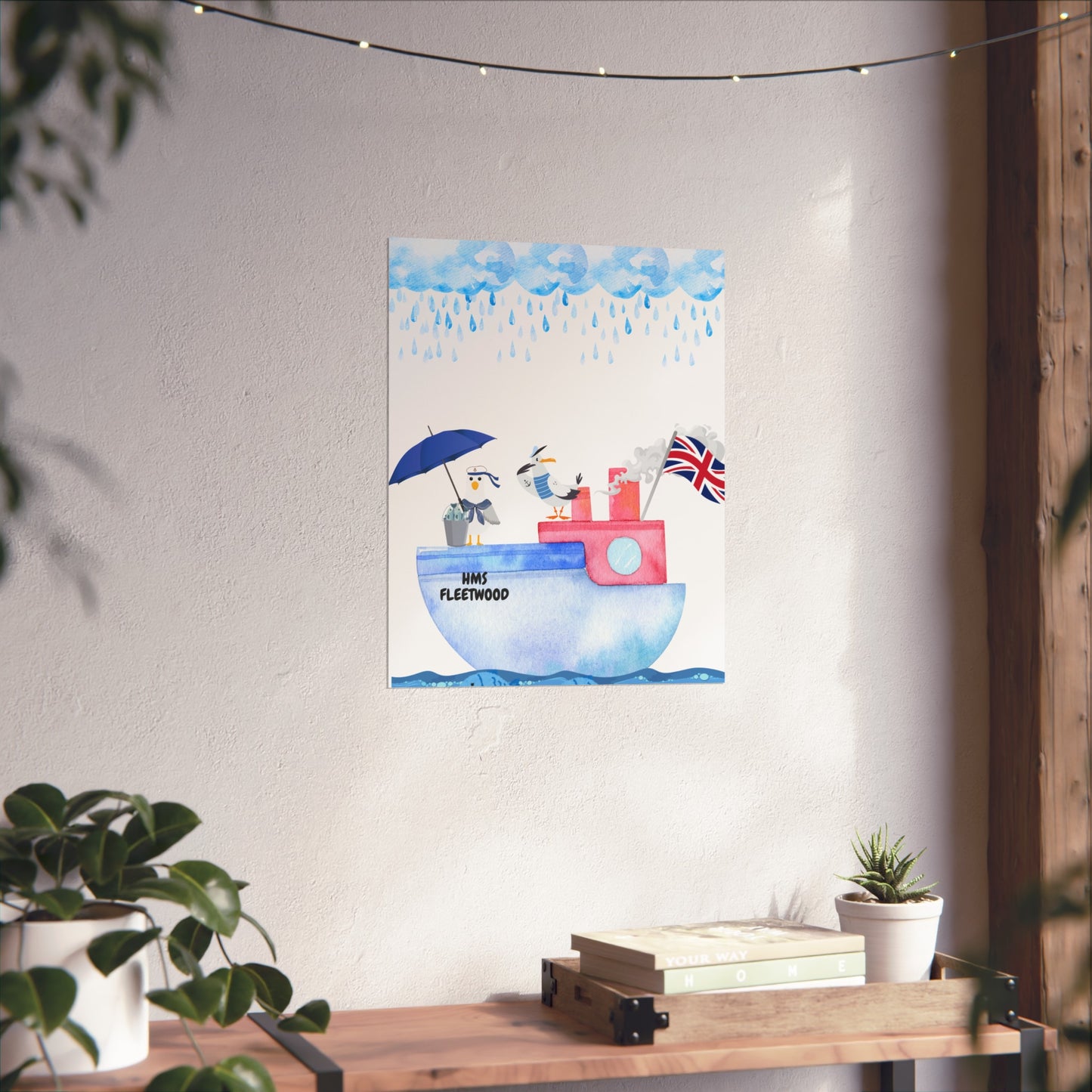 Whimsical Nautical Poster, Coastal Wall Art, HMS Fleetwood Decor, Seagull Artwork, Beach House Decoration