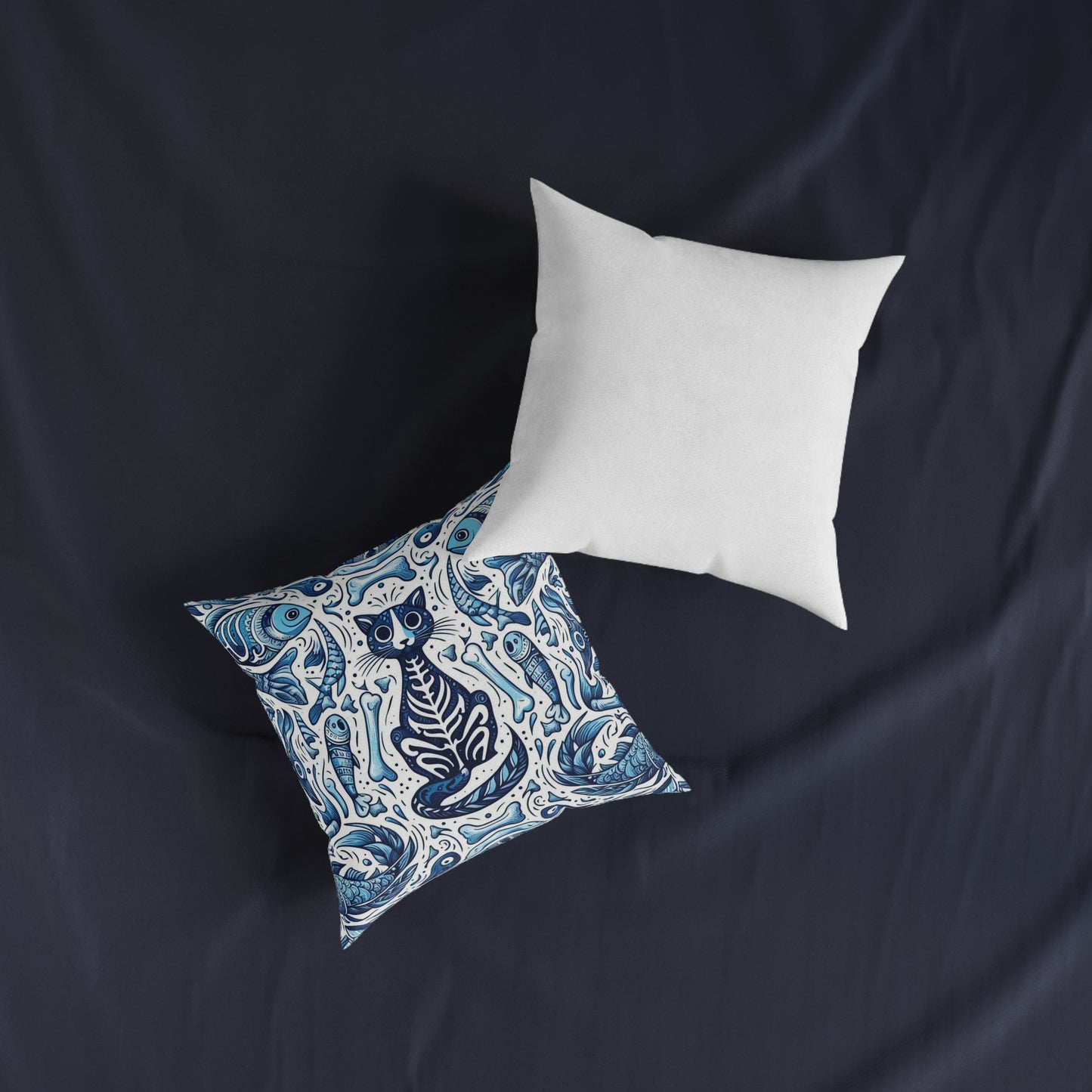 Whimsical Cat Skeleton Square Pillow – Cozy Home Decor for Cat Lovers