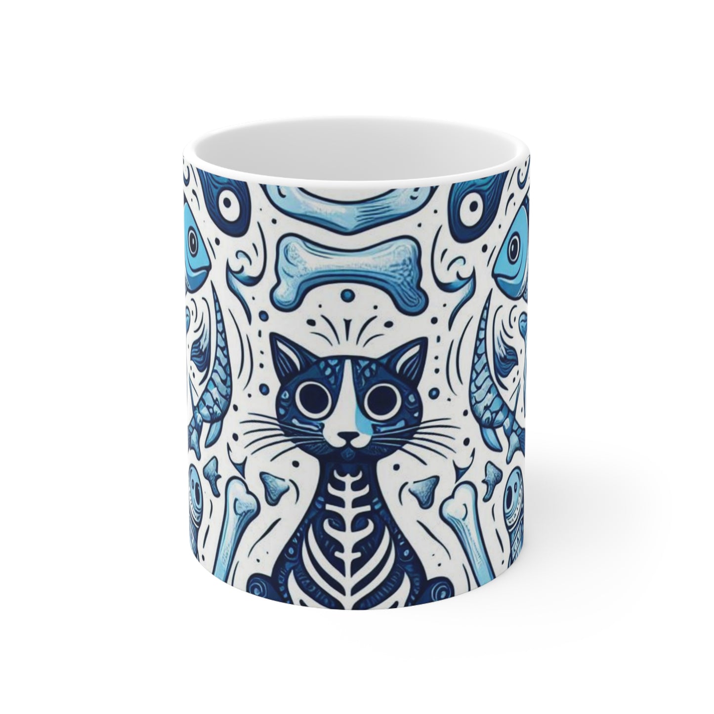 Whimsical Cat and Fish Ceramic Coffee Cups - 11oz & 15oz