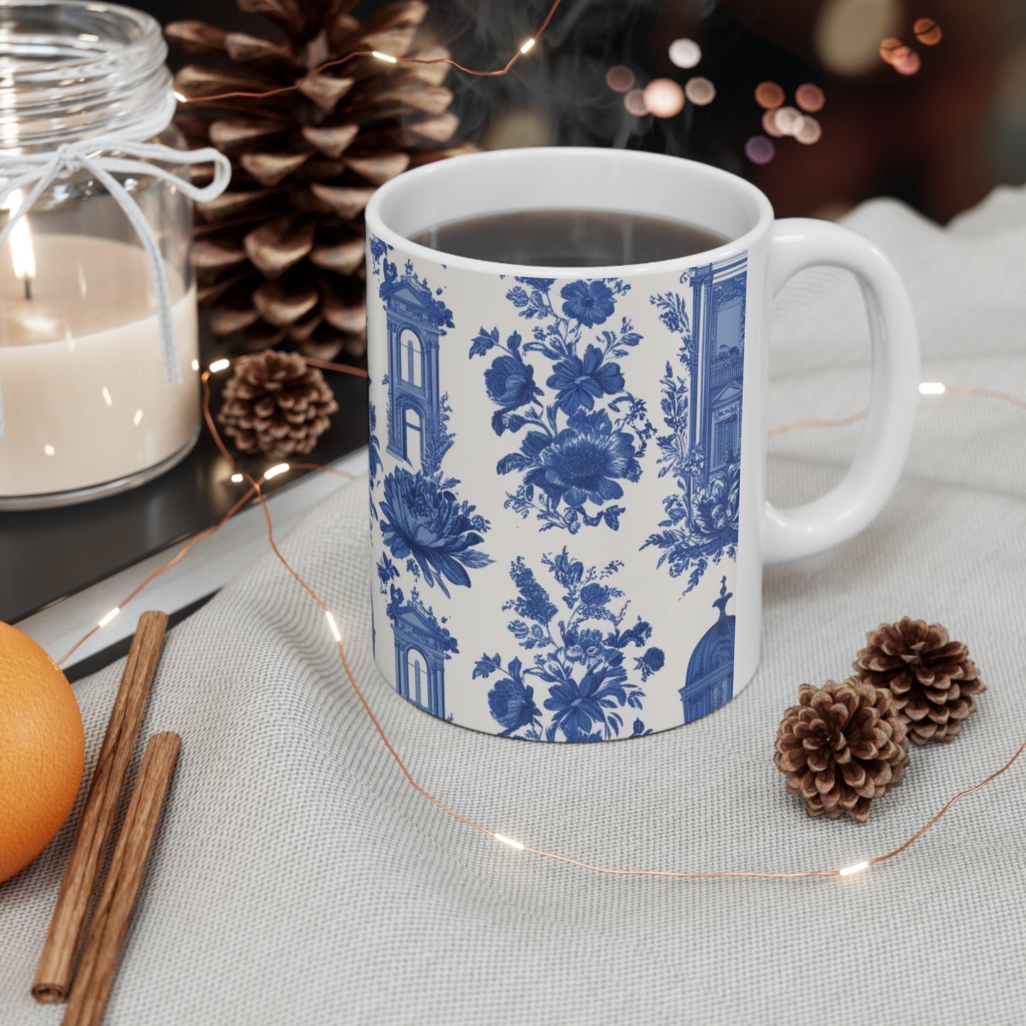 Vintage Floral Ceramic Coffee Cup - 11oz & 15oz - Blue and White Design