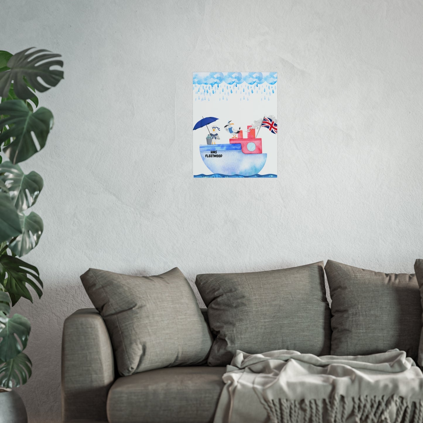 Whimsical Nautical Poster, Coastal Wall Art, HMS Fleetwood Decor, Seagull Artwork, Beach House Decoration