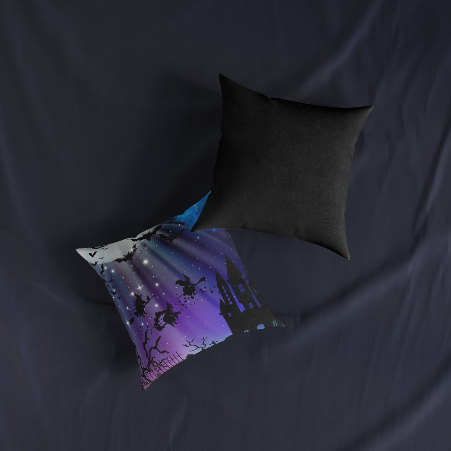 Halloween-Themed Decorative Pillow, Cozy Square Cushion for Home Decor, Perfect for Fall, Witch and Castle Design