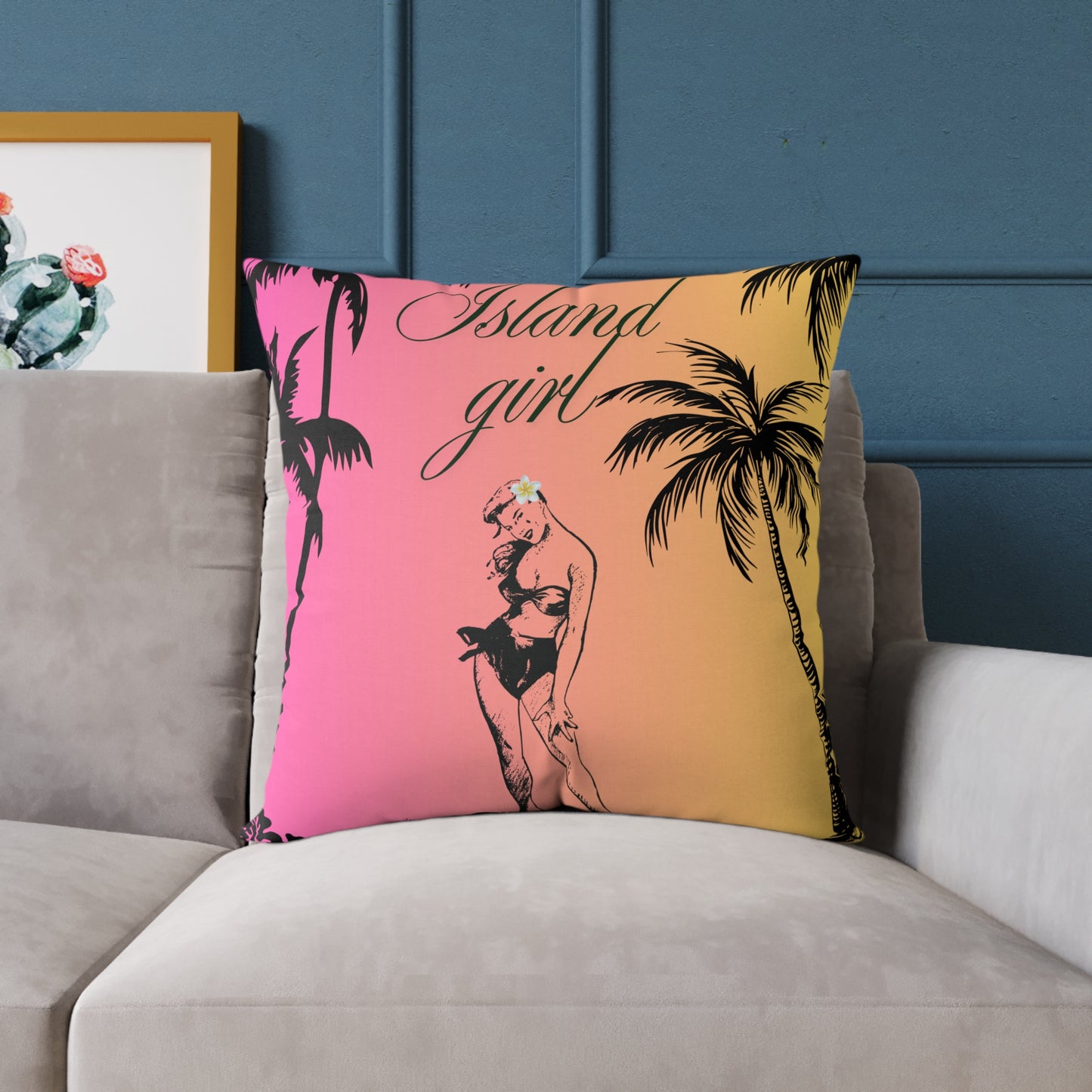 Island Girl Tropical Pillow | Square Poly Canvas Cushion, Beach Decor, Boho Bedroom Accessory, Summer Vibes, Coastal Living