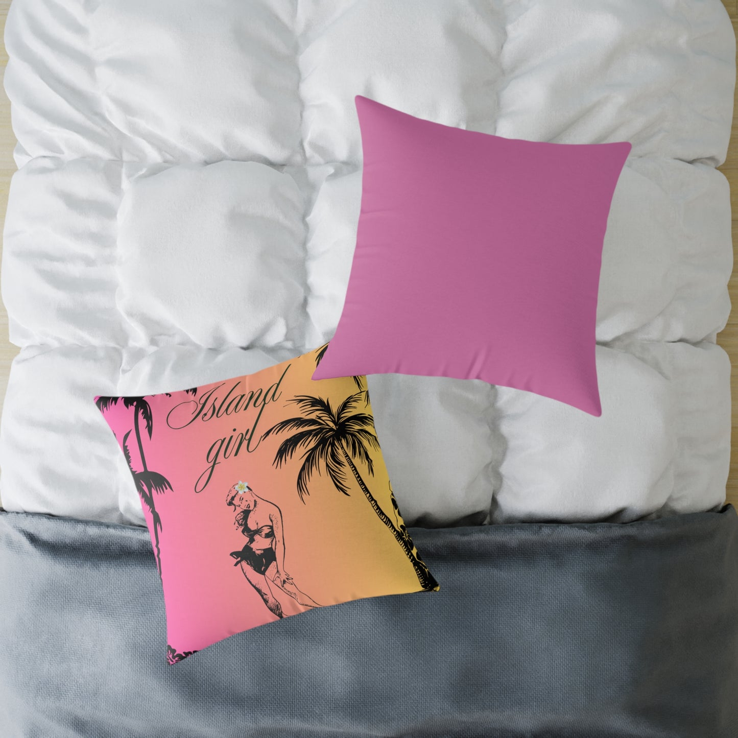 Island Girl Tropical Pillow | Square Poly Canvas Cushion, Beach Decor, Boho Bedroom Accessory, Summer Vibes, Coastal Living