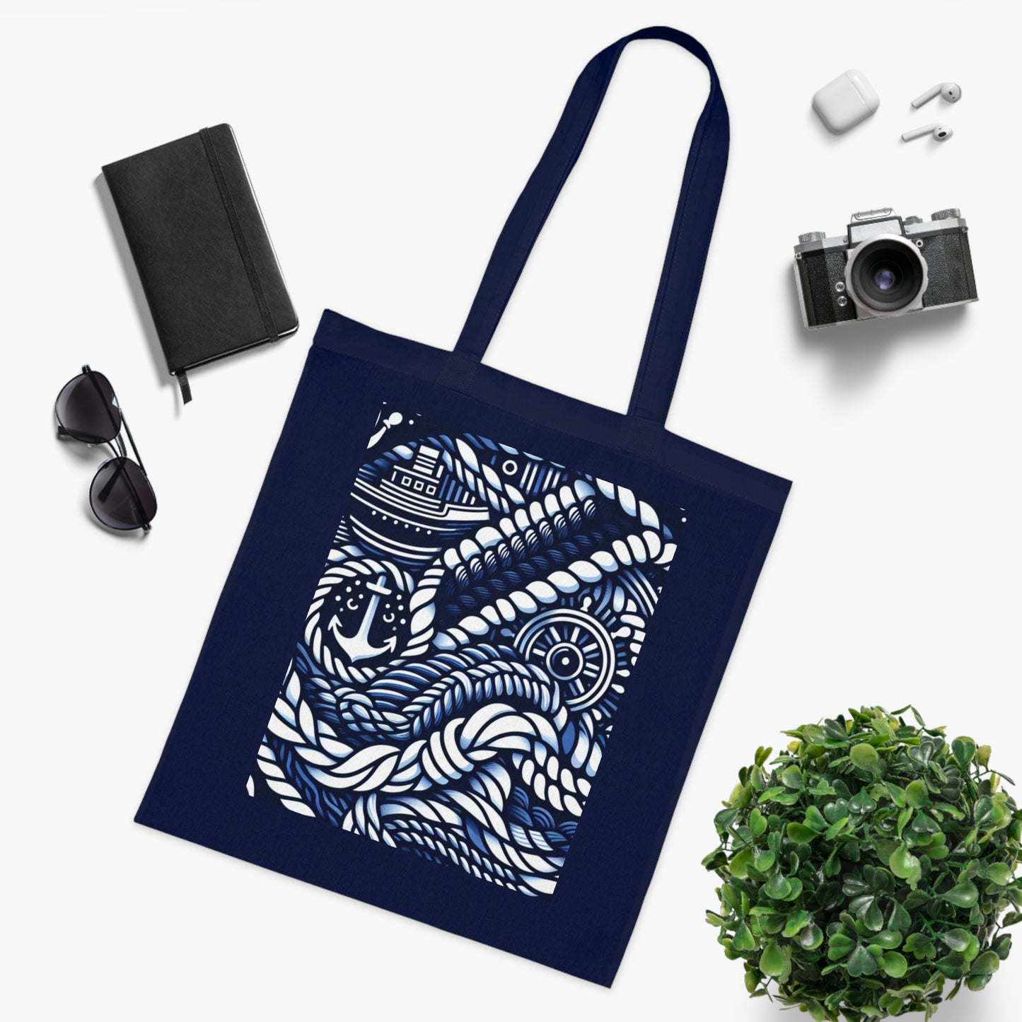 Nautical Adventure Cotton Tote Bag - Ocean Design with Anchor & Ropes